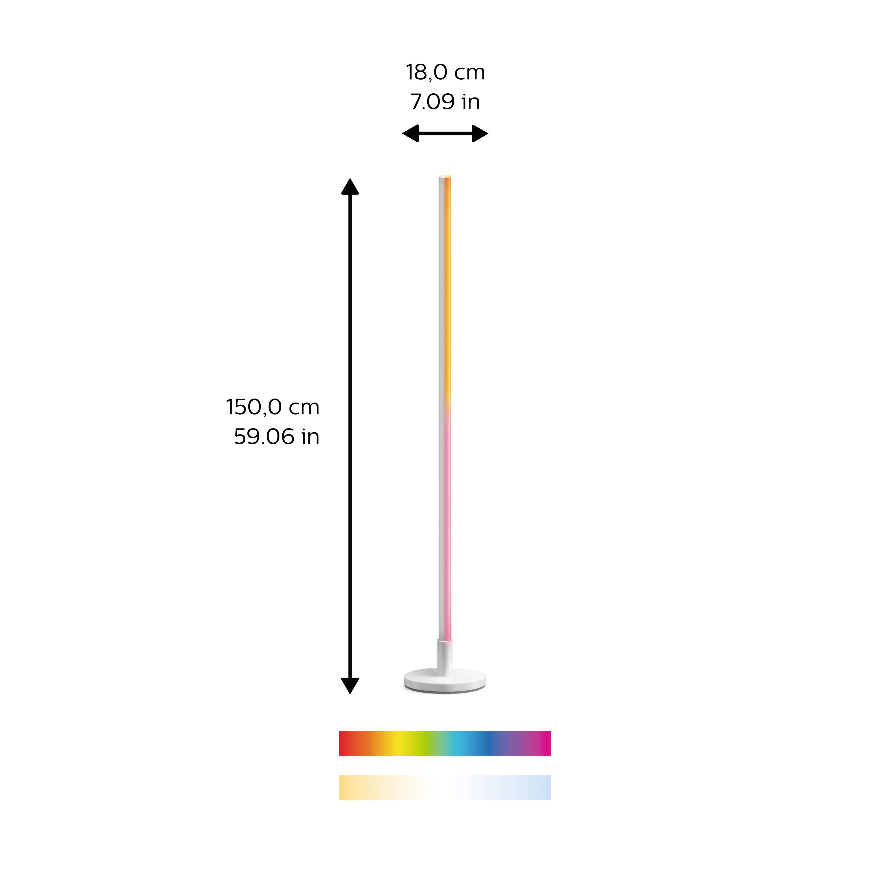 Stojací lampa s barevným světelným pruhem, 150 cm vysoká. Základna je kulatá a bílá. Rozměry: výška 150 cm, průměr 18 cm.