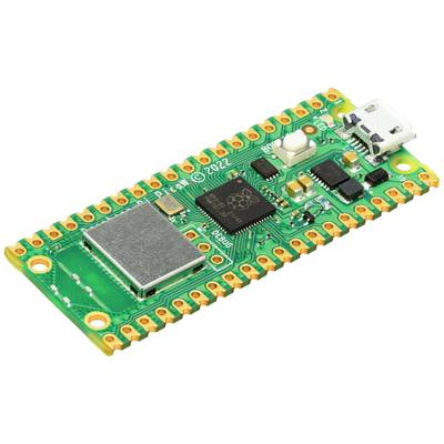Raspberry Pi Pico W mikrořadič se zelenou deskou plošných spojů, micro-USB portem a různými elektronickými komponenty.
