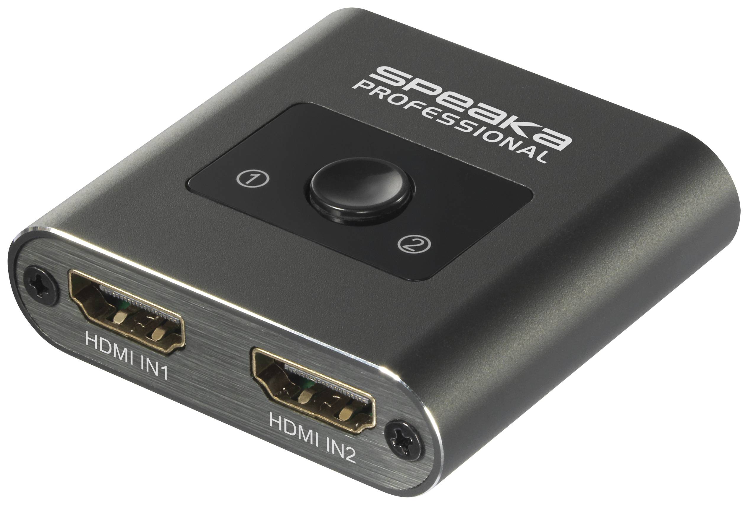 HDMI přepínač od Speaka Professional se dvěma vstupy pro HDMI kabely a přepínacím tlačítkem nahoře, černé šasi.