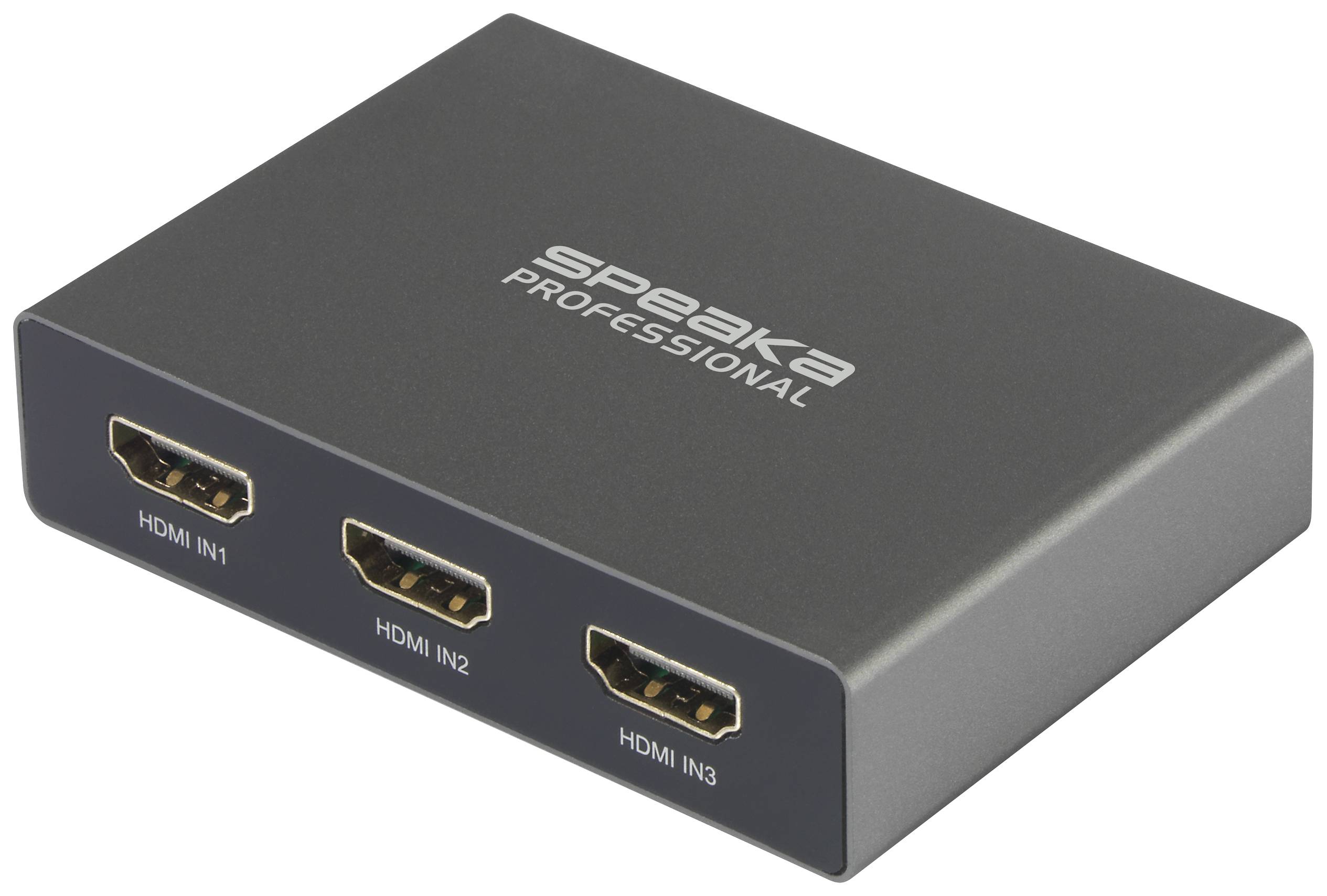 Trojitý HDMI přepínač v černém pouzdře, zobrazující tři HDMI vstupy pro připojení více zařízení, označené jako „HDMI IN1", „HDMI IN2", „HDMI IN3".