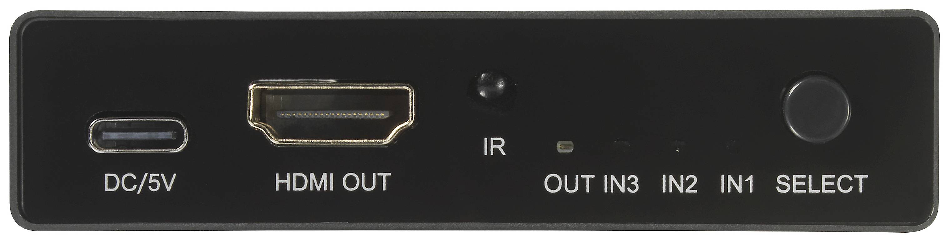 Přední strana elektronického zařízení s přípojkami a tlačítky: DC/5V, HDMI OUT, IR, OUT IN3, IN2, IN1, SELECT.