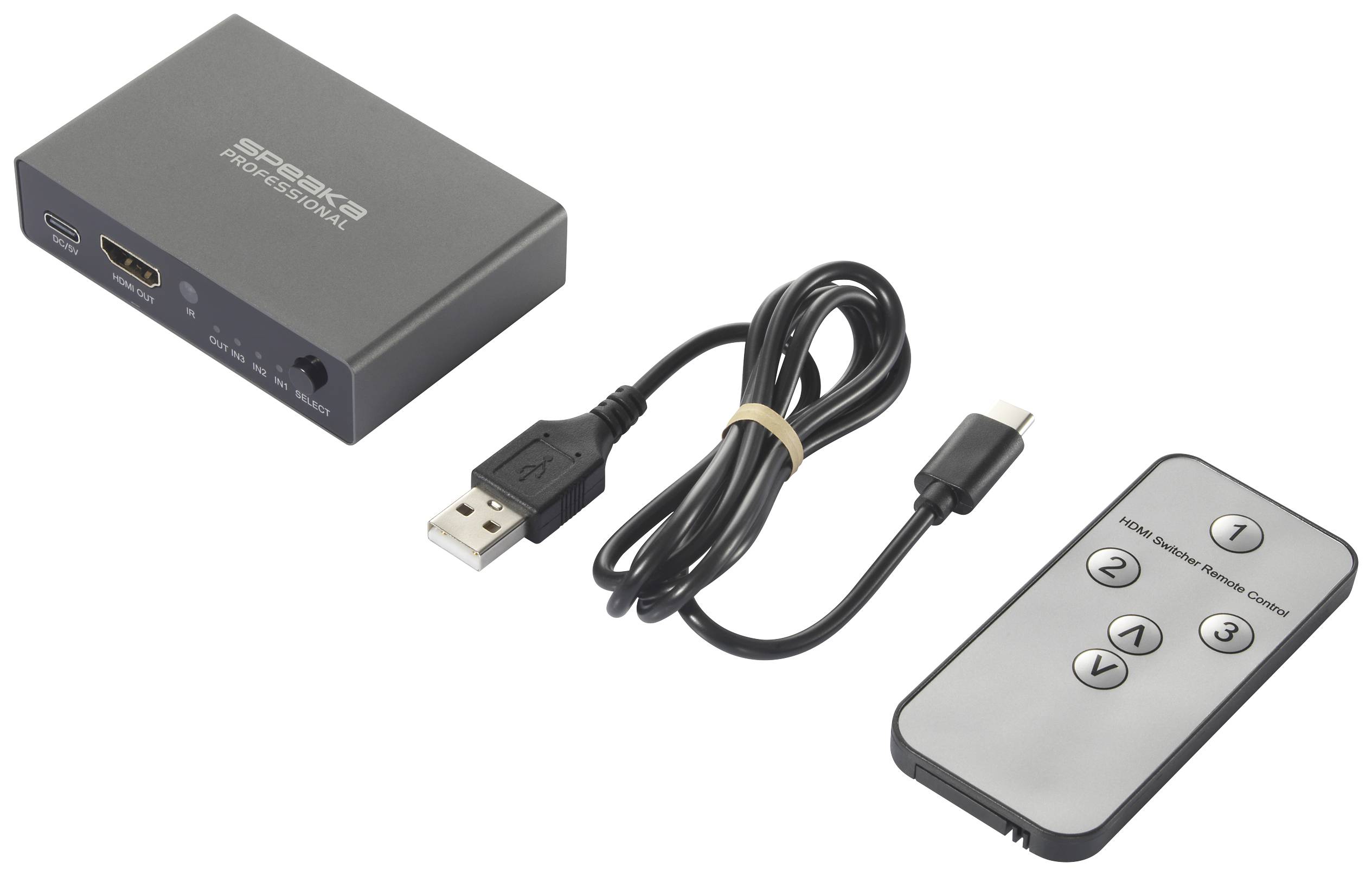 HDMI kontrolní zařízení s USB kabelem a dálkovým ovladačem. Zařízení jsou černá s jednoduchou tlačítkovou etiketou na dálkovém ovladači.