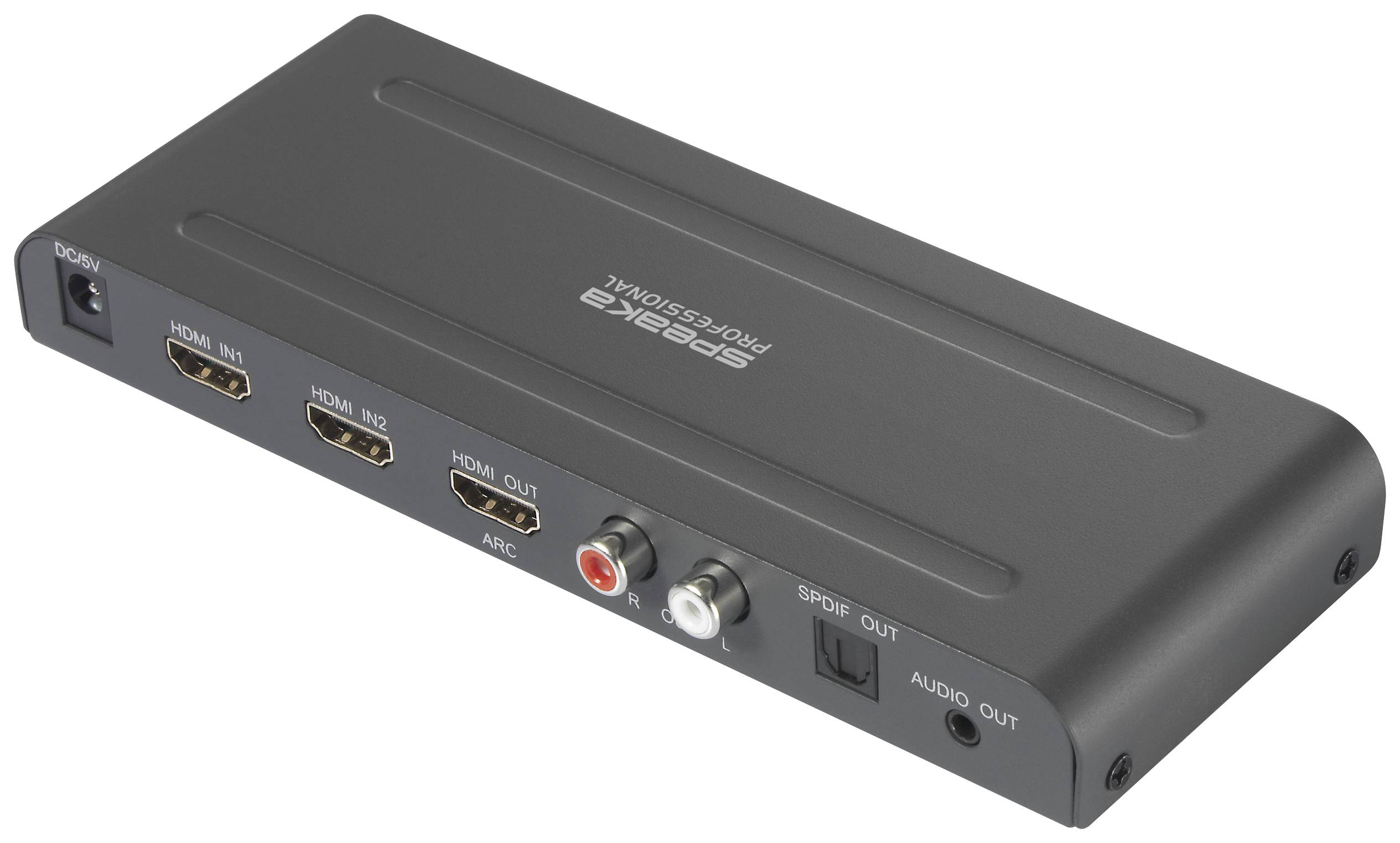 Černený AV konvertor s několika HDMI porty, audio výstupem a bočním konektorem pro optický audio signál.