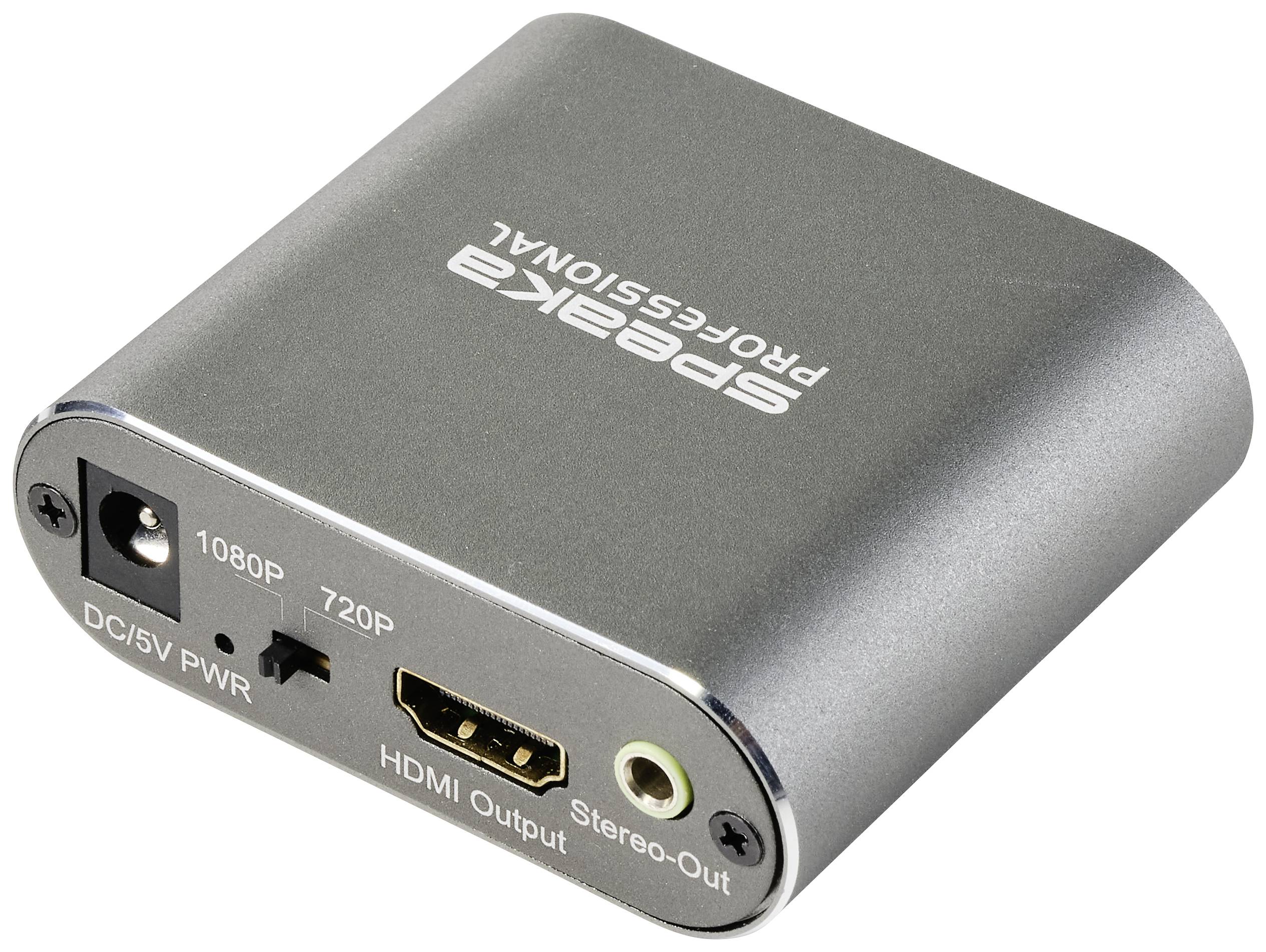 Malé stříbrné zařízení s HDMI výstupem, stereo výstupem a napájecím konektorem. Podporuje video rozlišení 1080P a 720P.