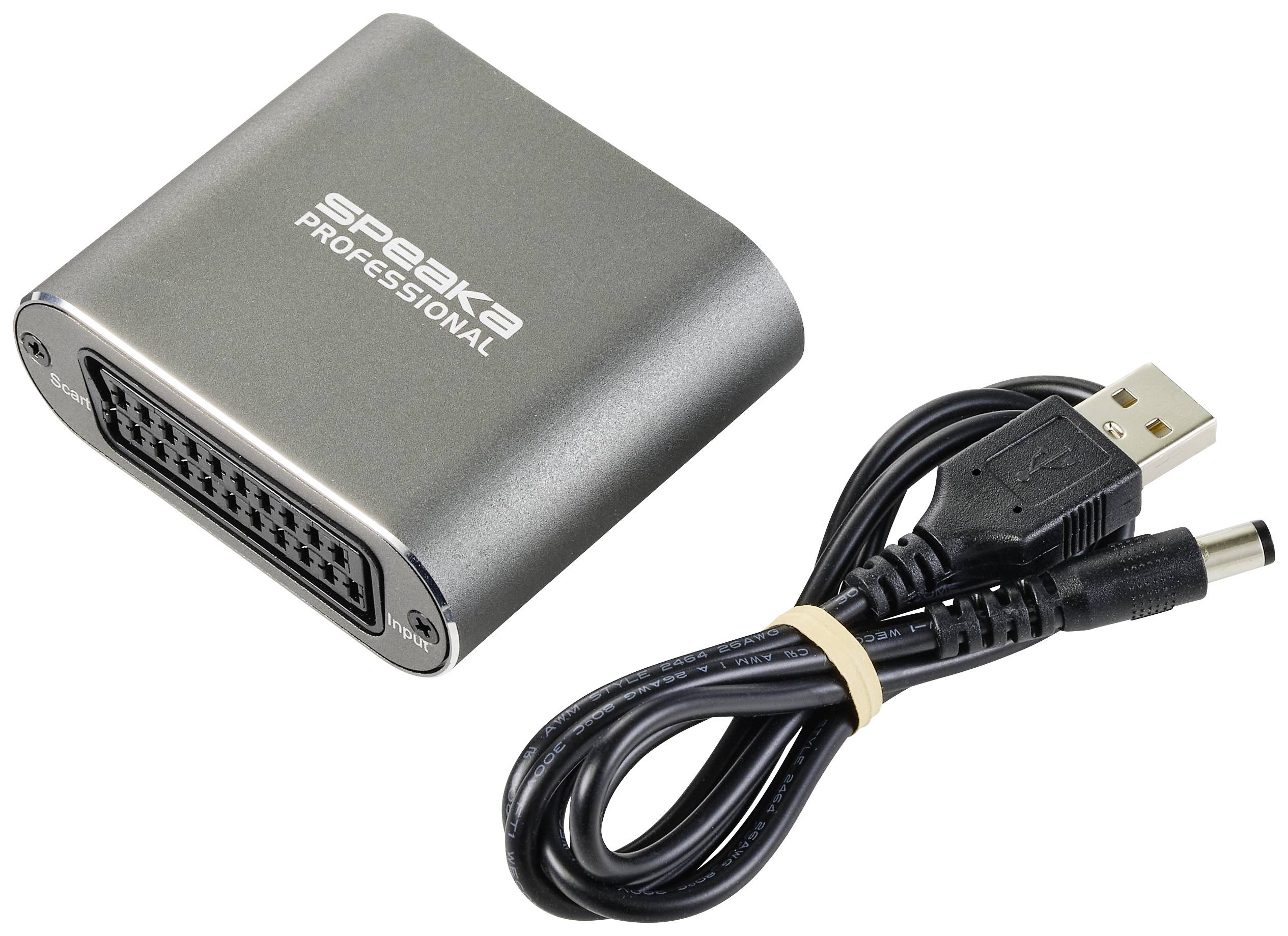 Adaptér SCART na USB od značky SpeaKa Professional s odpovídajícím USB kabelem.