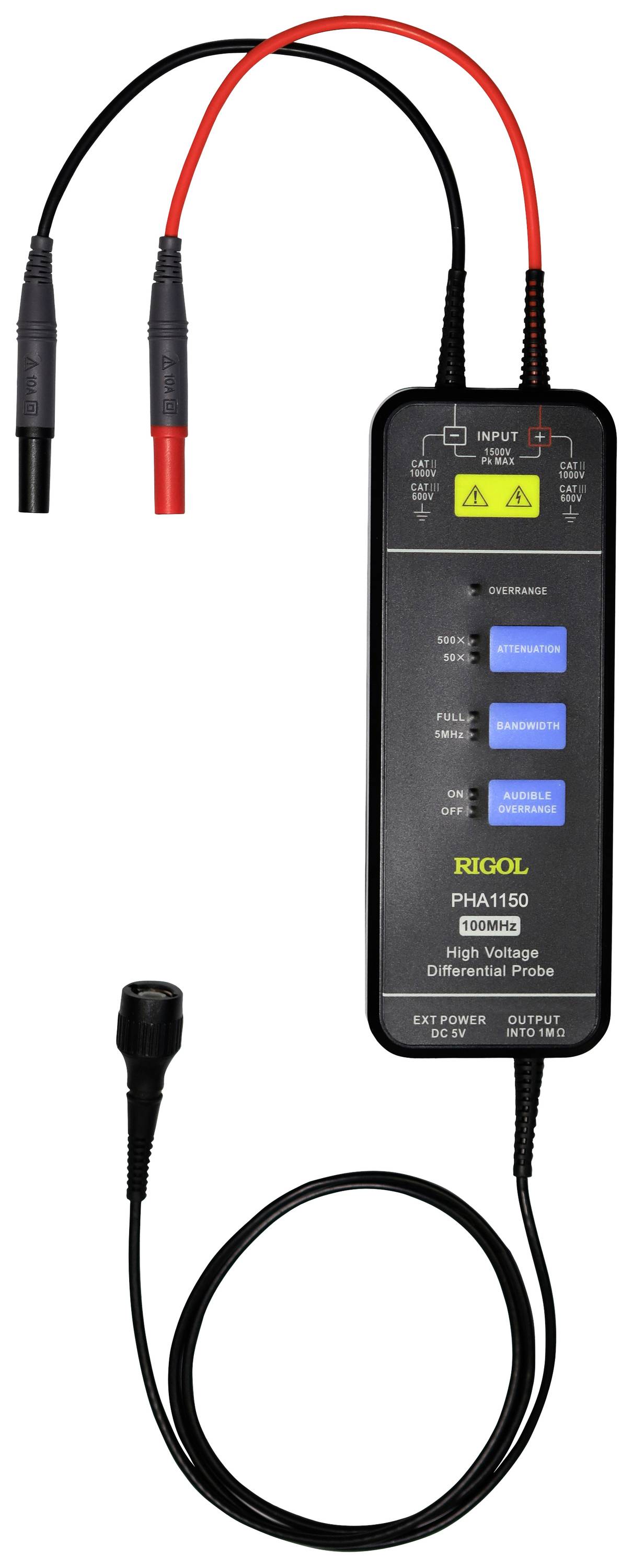 Diferenciální měřicí sonda Rigol PHA1150 s červenými a černými kabely pro měření elektrických signálů. Zobrazuje vstupní a výstupní konektory.