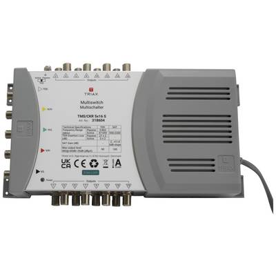 Triax Multiswitch 5x16 s technickými specifikacemi, vhodný pro satelitní distribuční systémy.