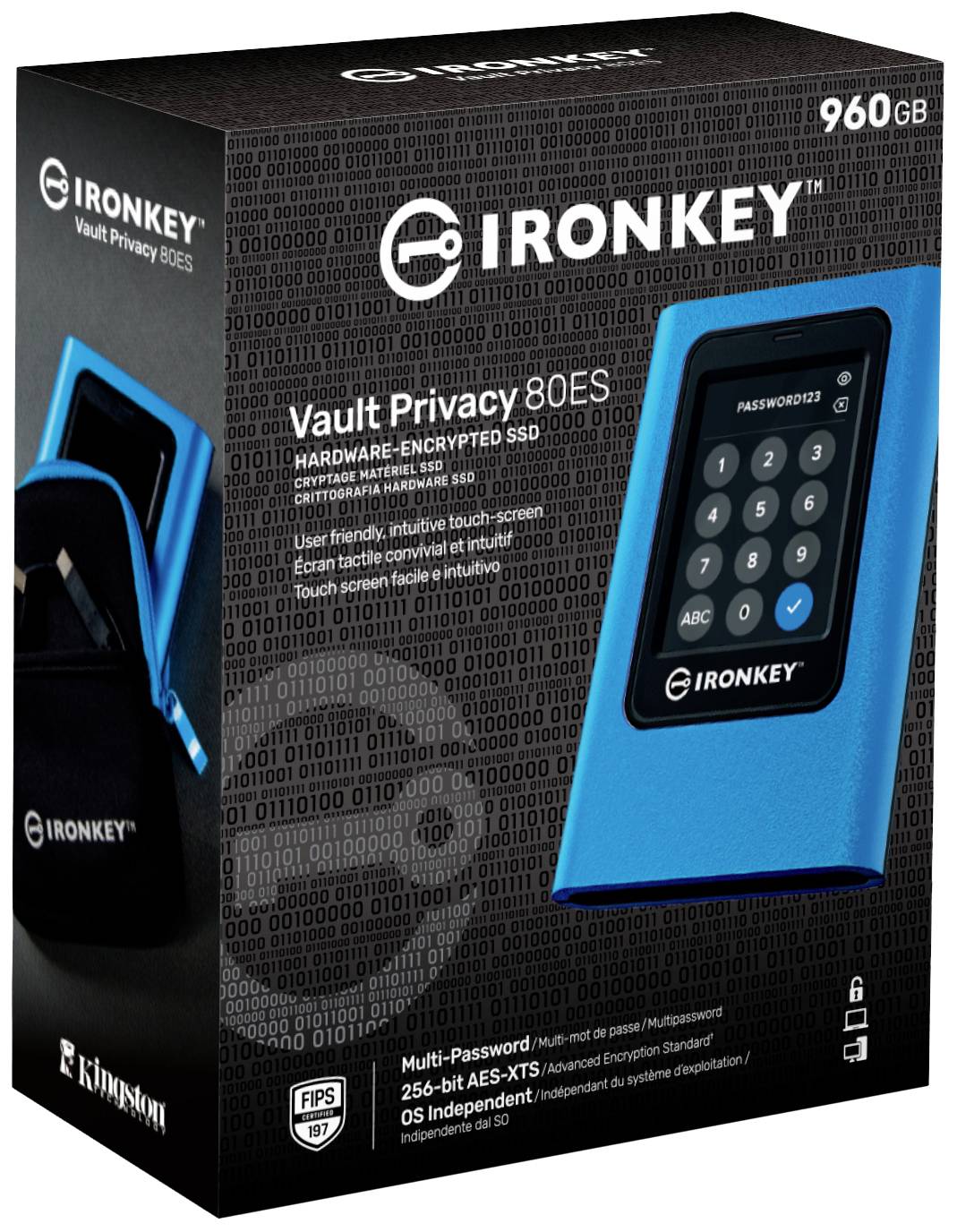 Balení s modrým SSD diskem 'IronKey Vault Privacy 80ES' s hardwarově šifrovanou pamětí, kapacitou 960 GB, nad ním symbol zámku a bezpečnostní prvky.