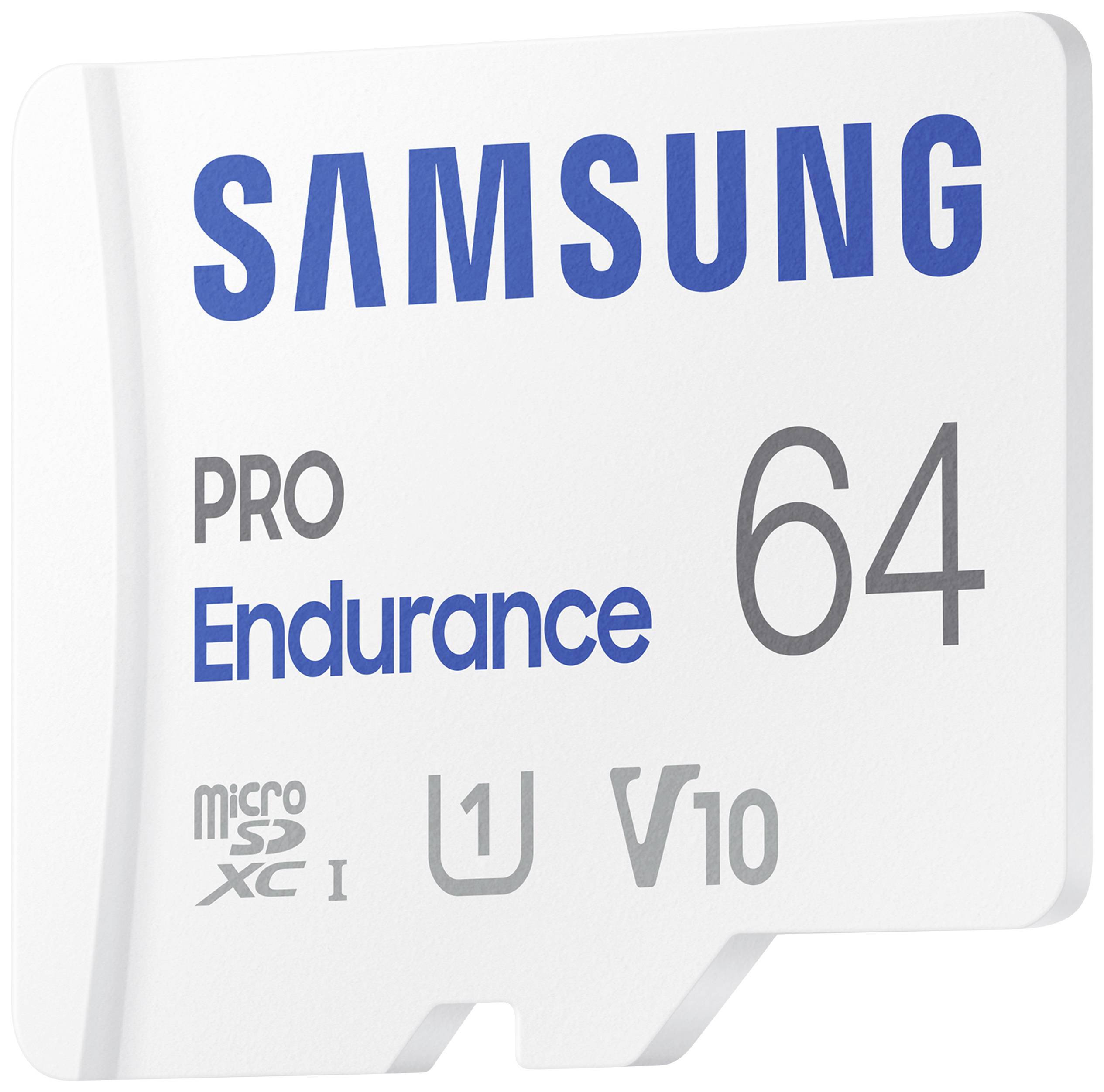 Bílá microSD karta Samsung Pro Endurance o kapacitě 64 GB, vhodná pro vysokou odolnost a nepřetržité nahrávání.