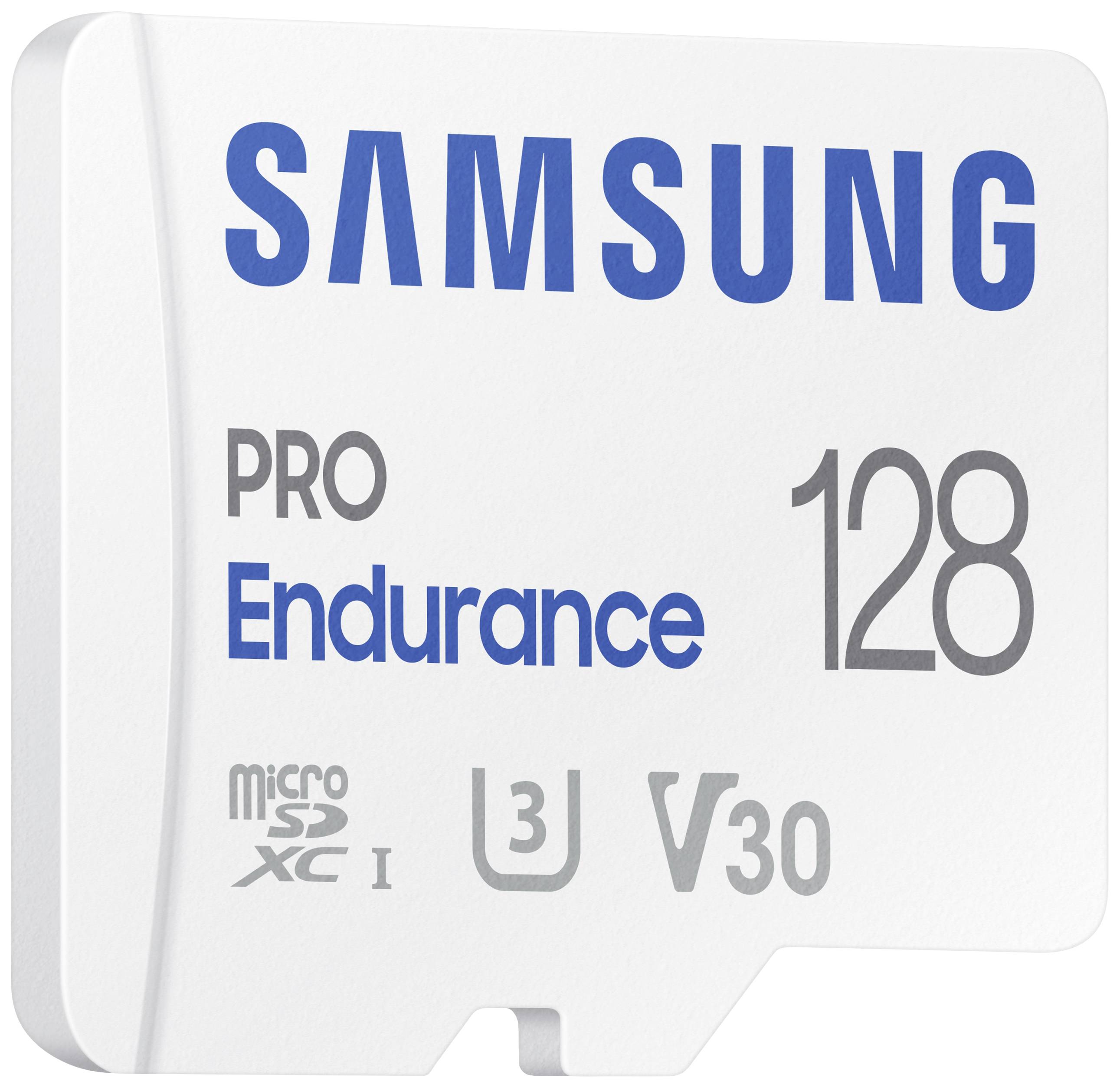 Na bílé paměťové kartě je napsáno: „Samsung PRO Endurance 128 GB, MicroSDXC, U3, V30"