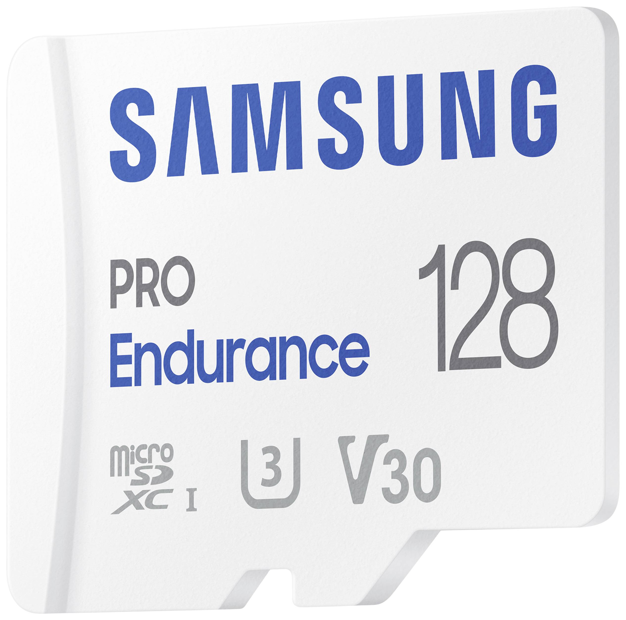 Paměťová karta MicroSD od Samsungu, model 'PRO Endurance', kapacita 128 GB, vhodná pro 4K videonahrávky s vysokou dlouhodobou zátěží.