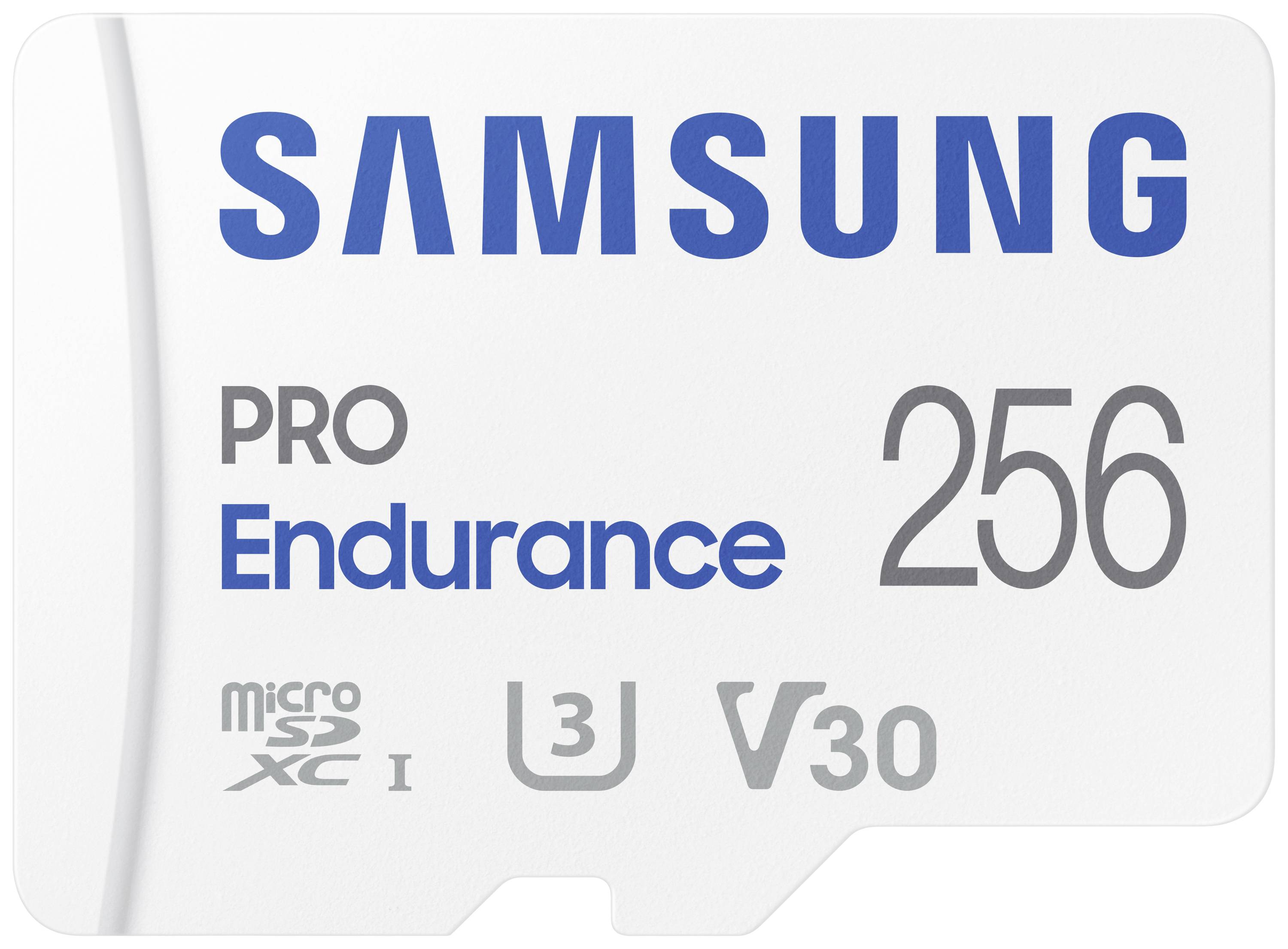 Bílá paměťová karta Samsung microSDXC 256GB s nápisem 'PRO Endurance', symboly pro třídy rychlosti U3 a V30.