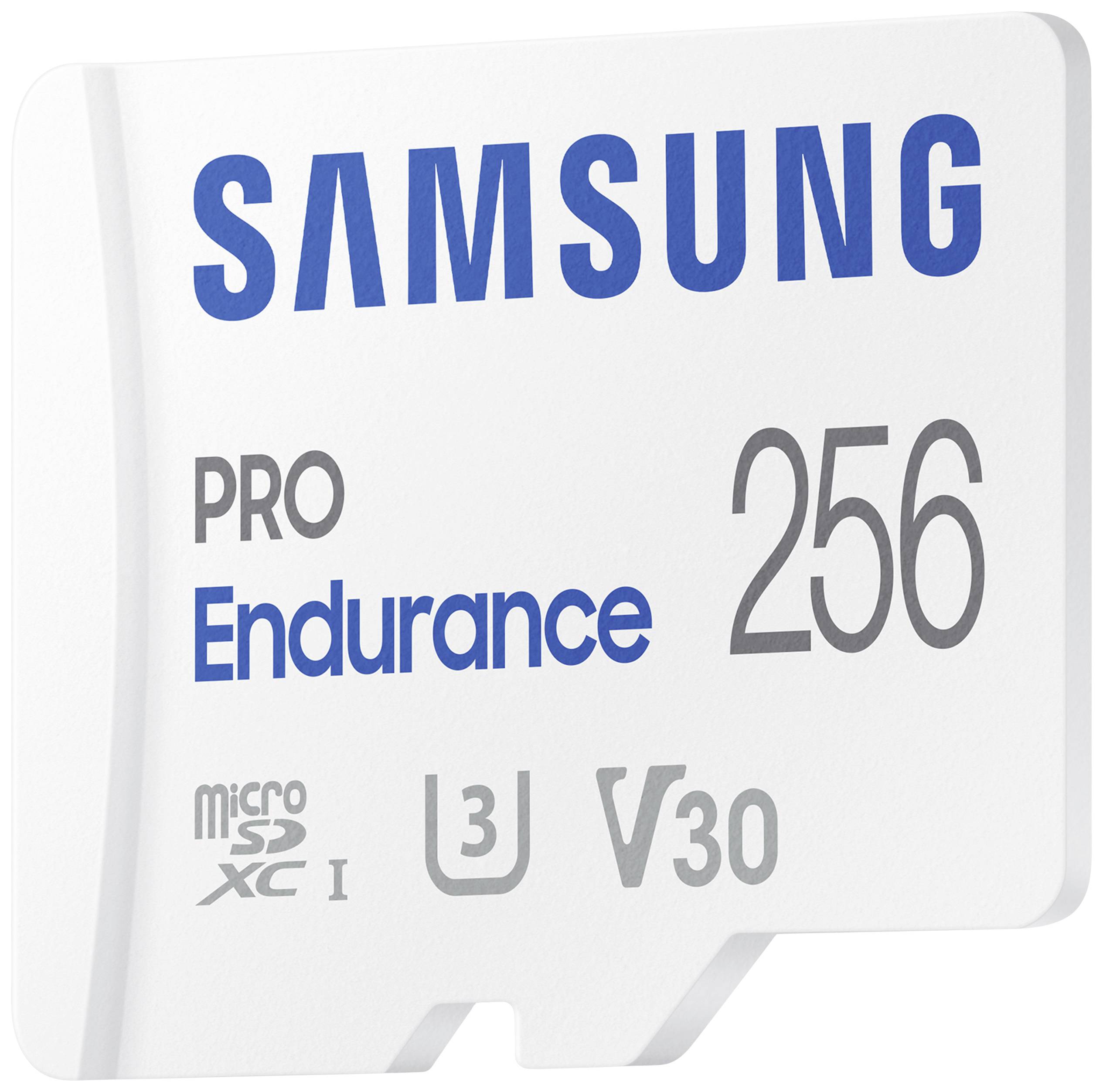 Paměťová karta Samsung PRO Endurance 256 GB, bílá. Vhodná pro nepřetržité nahrávání a intenzivní použití díky vysoké rychlosti zápisu.