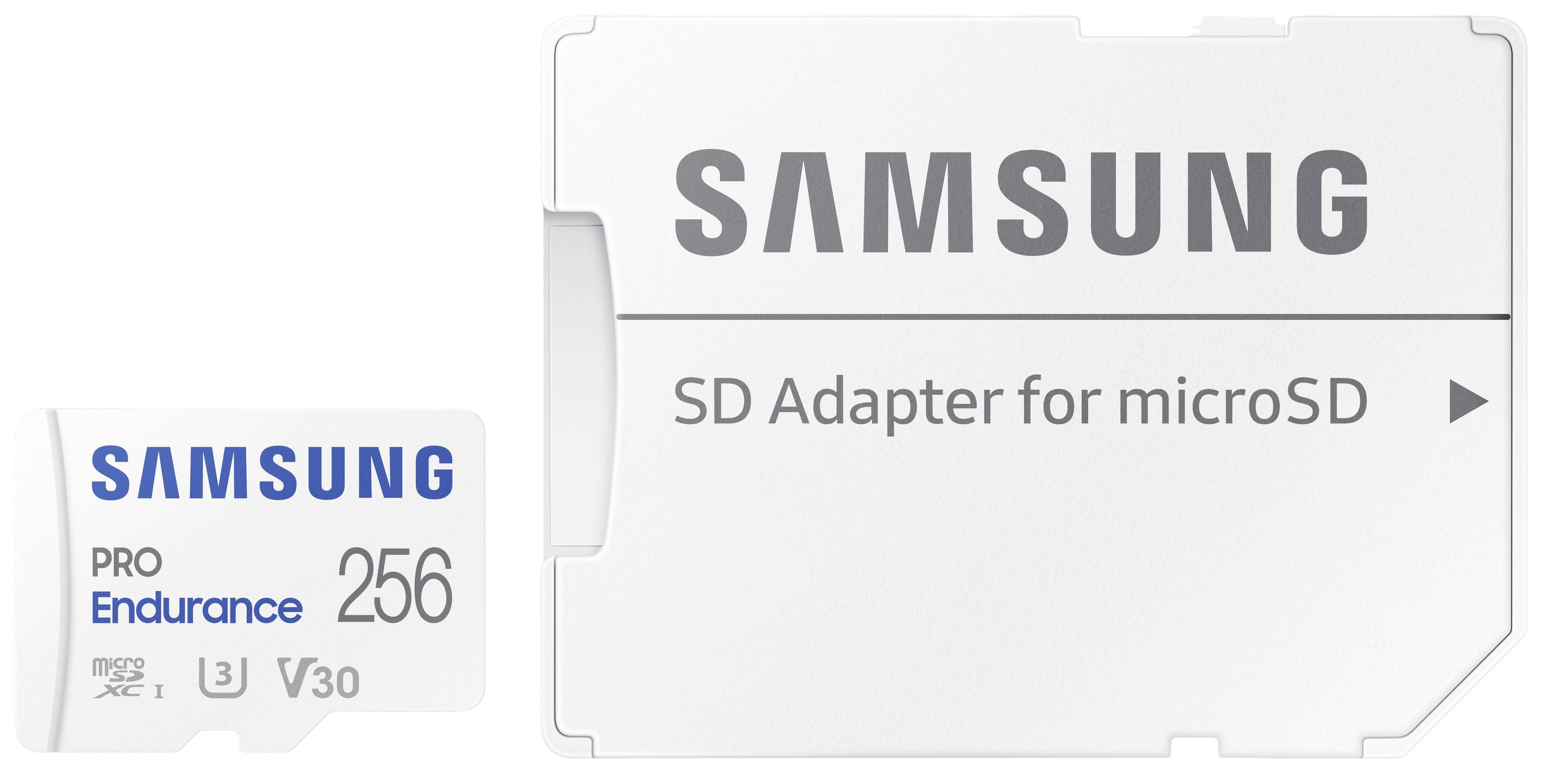 Dvě paměťová řešení od Samsungu: Karta microSD s kapacitou 256 GB Pro Endurance a SD adaptér pro microSD karty.