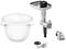 Příslušenství kuchyňského robotu: Mísa na míchání, nástavec na mletí masa s podnosem, vložka a ochranný kryt.