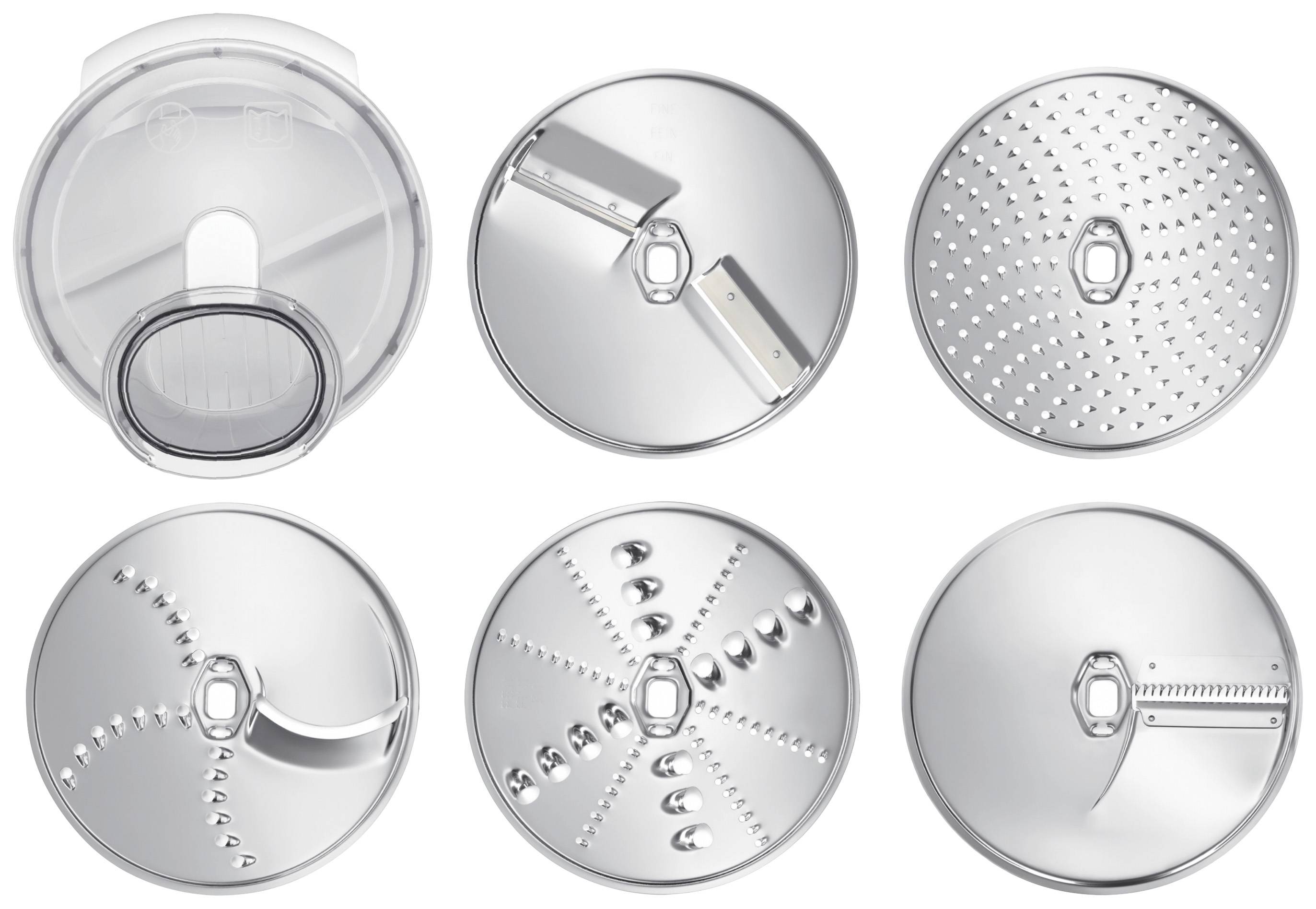 Šest různých kulatých nástavců kuchyňských nástrojů, včetně čepelí a struhadel, uspořádaných do dvou řad.