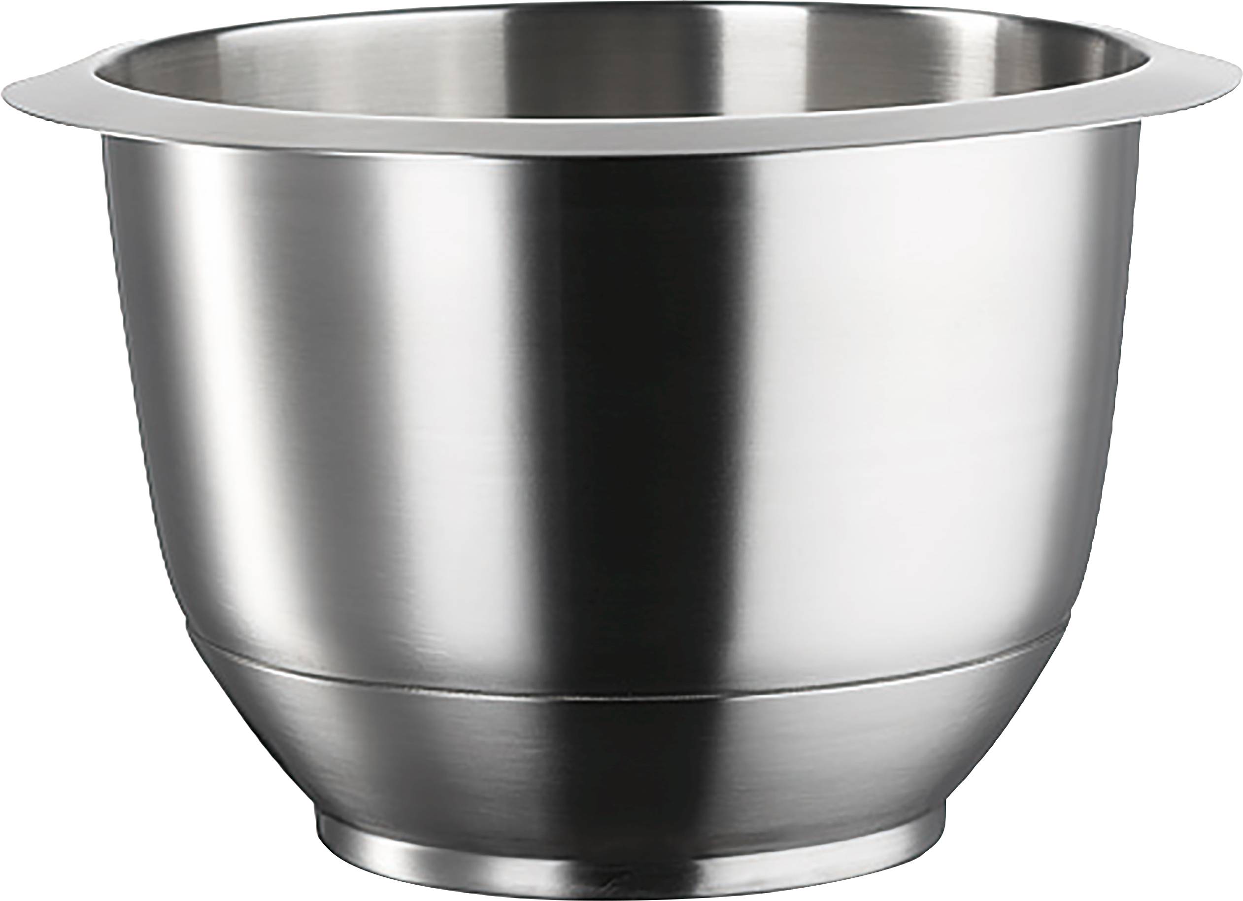 Prázdná stříbrná kovová mísa s širokým okrajem, vhodná pro míchání nebo přípravu jídel.