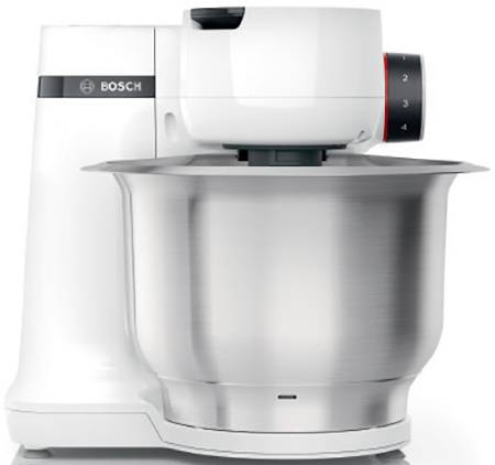 Bílý kuchyňský robot se stříbrnou míchací mísou a černým otočným knoflíkem.