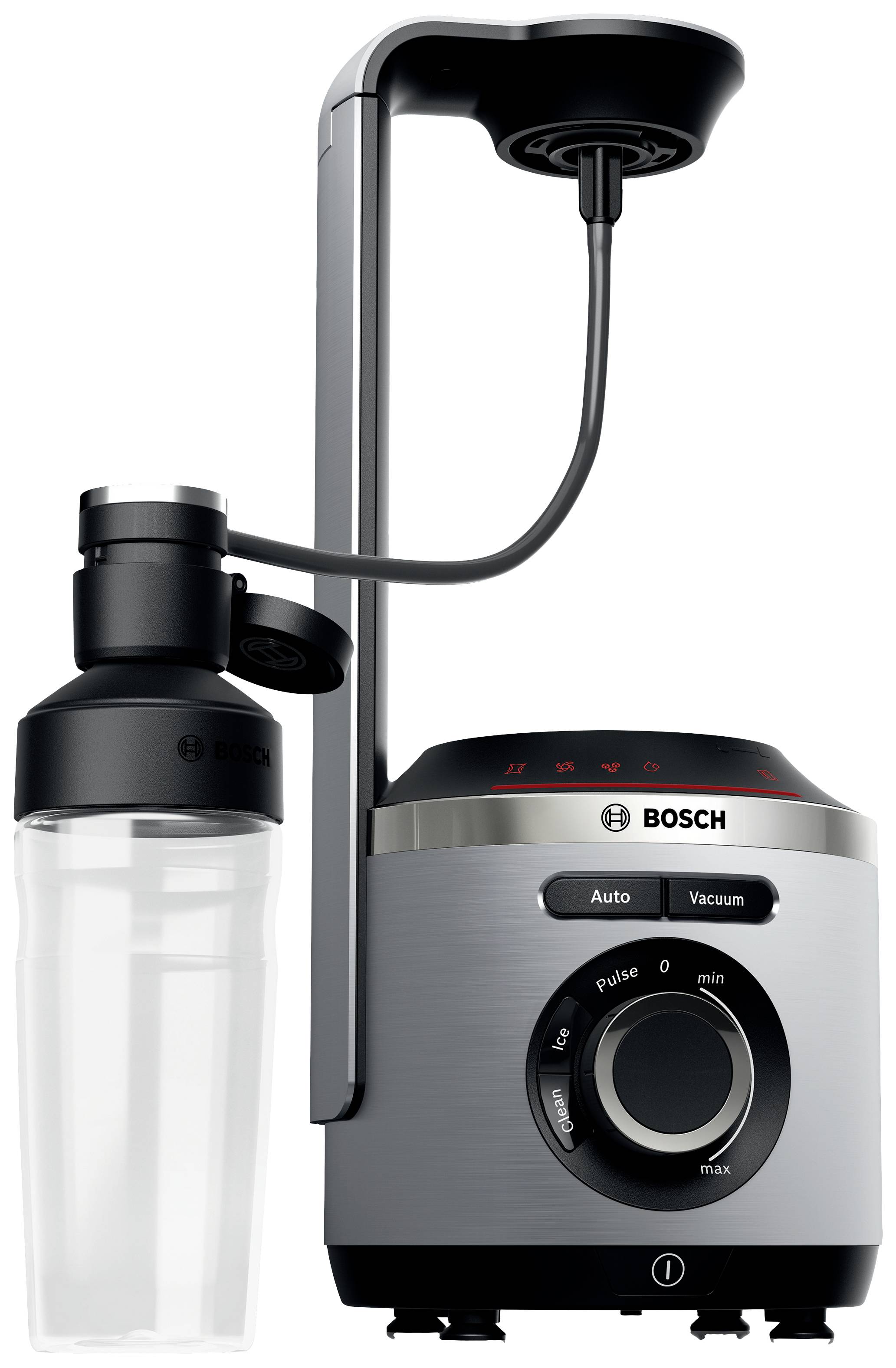 Vysavač 'Bosch Ergopower', šedočerný, s moderním designem a robustním tělem.