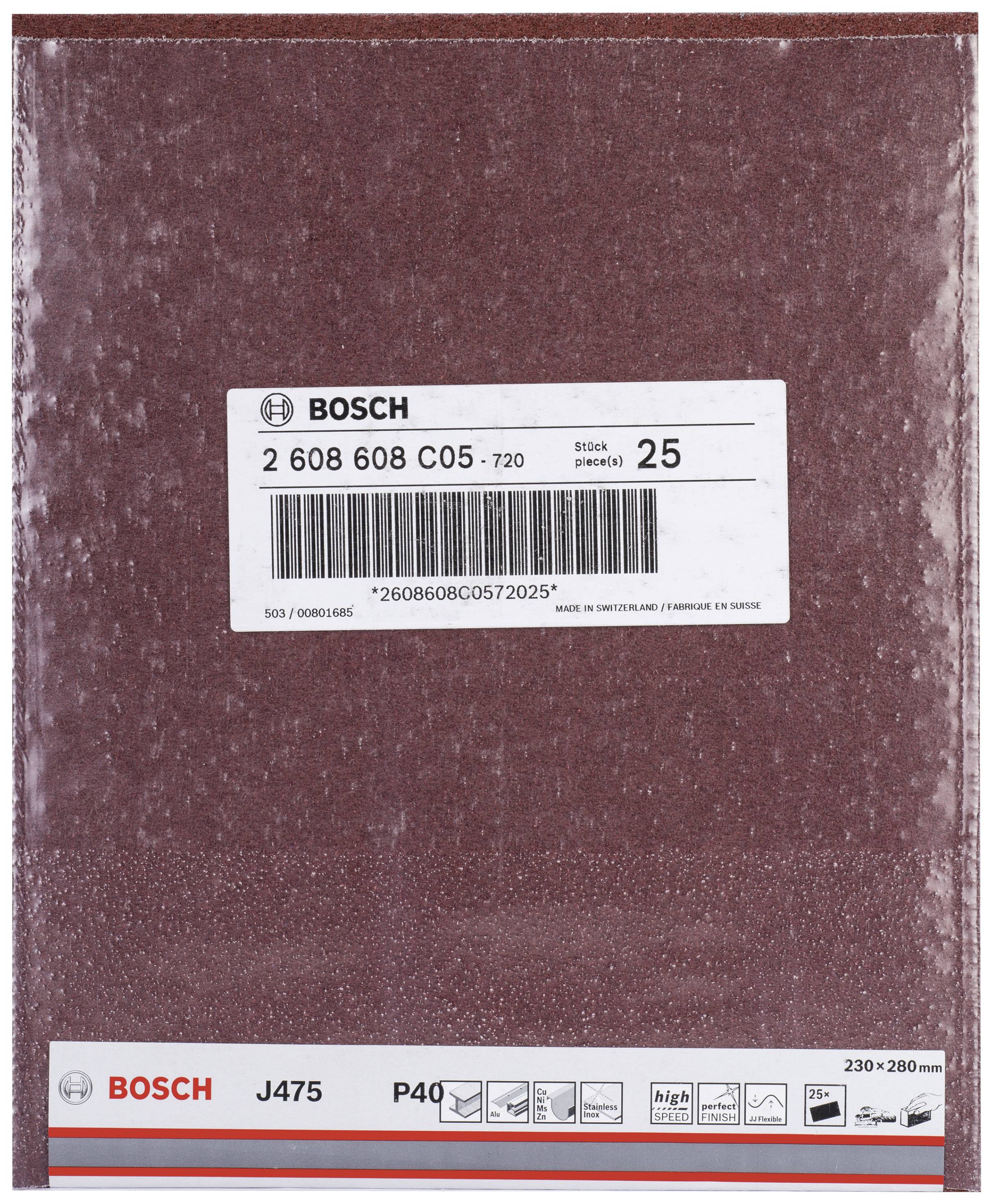 Brusný papír značky Bosch, model J475, zrnitost P40, rozměry 230x280 mm, 25 kusů v balení. Vhodný pro broušení ploch.