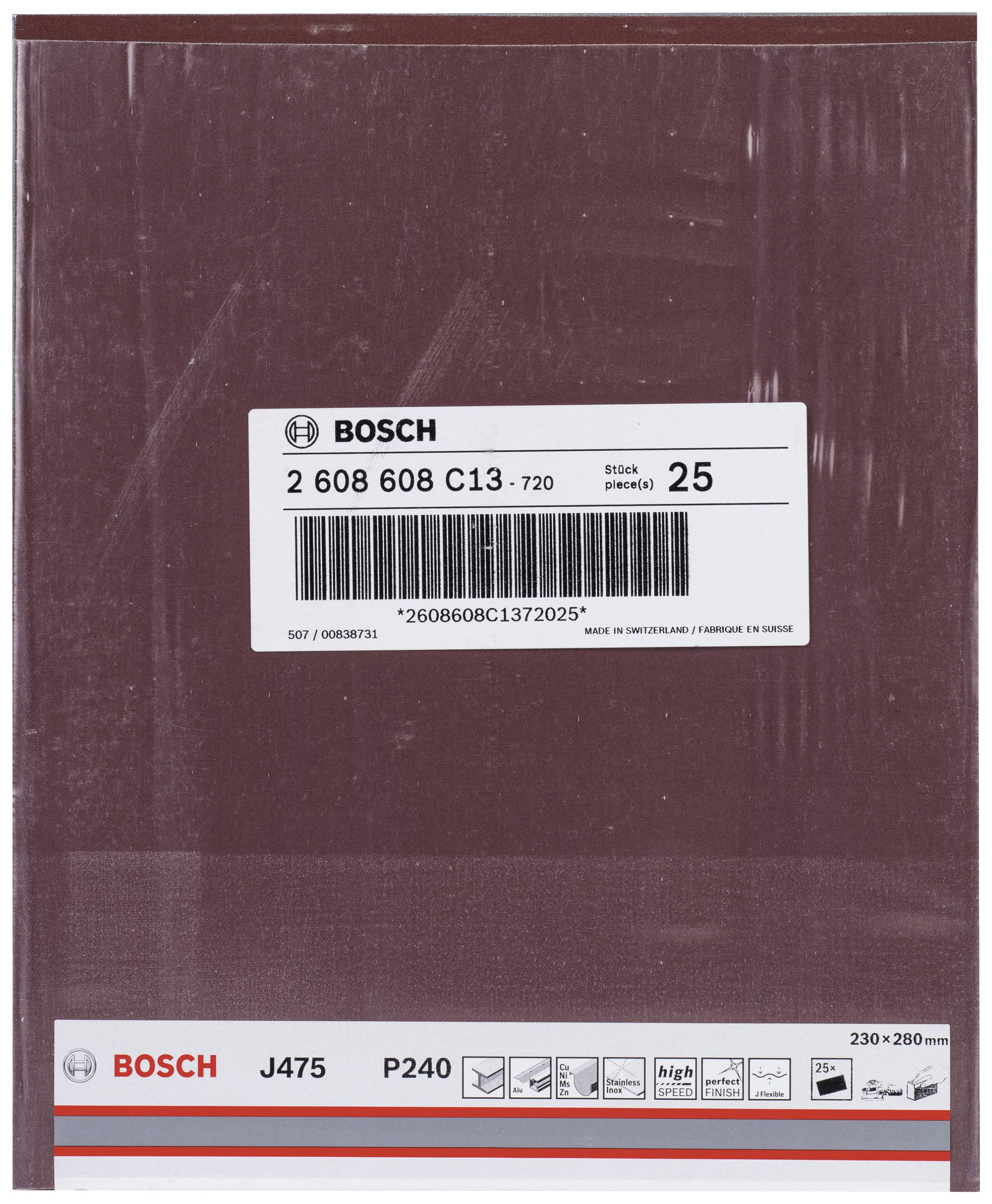 'Brusný papír Bosch J475 P240, 230x280 mm, 25 kusů, jemnozrnný, ideální pro hladké broušení povrchu.'