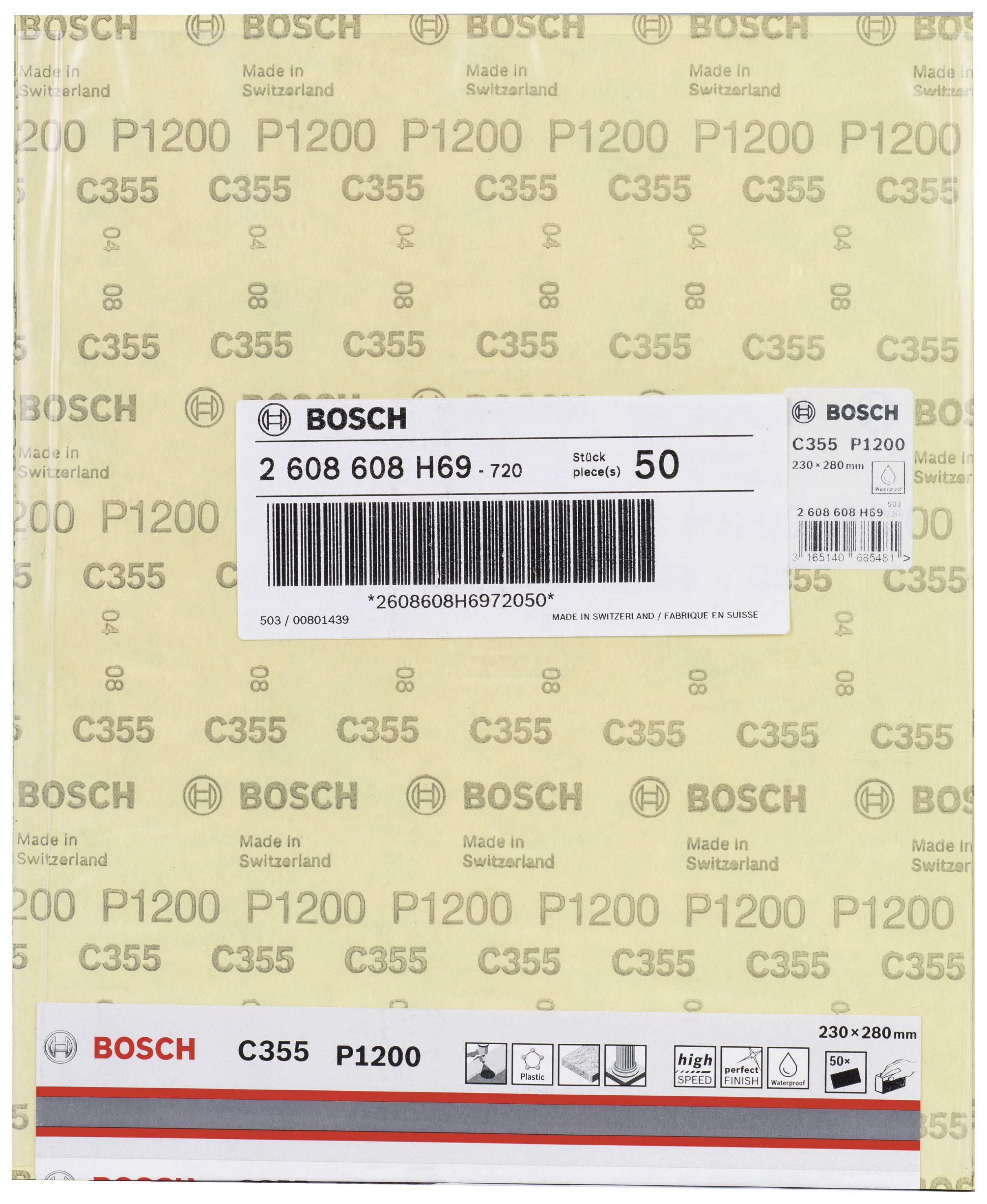 Balení brusného papíru Bosch C355, zrnitost P1200. Obsahuje 50 kusů, rozměr 230 x 280 mm, vyrobeno ve Švýcarsku.