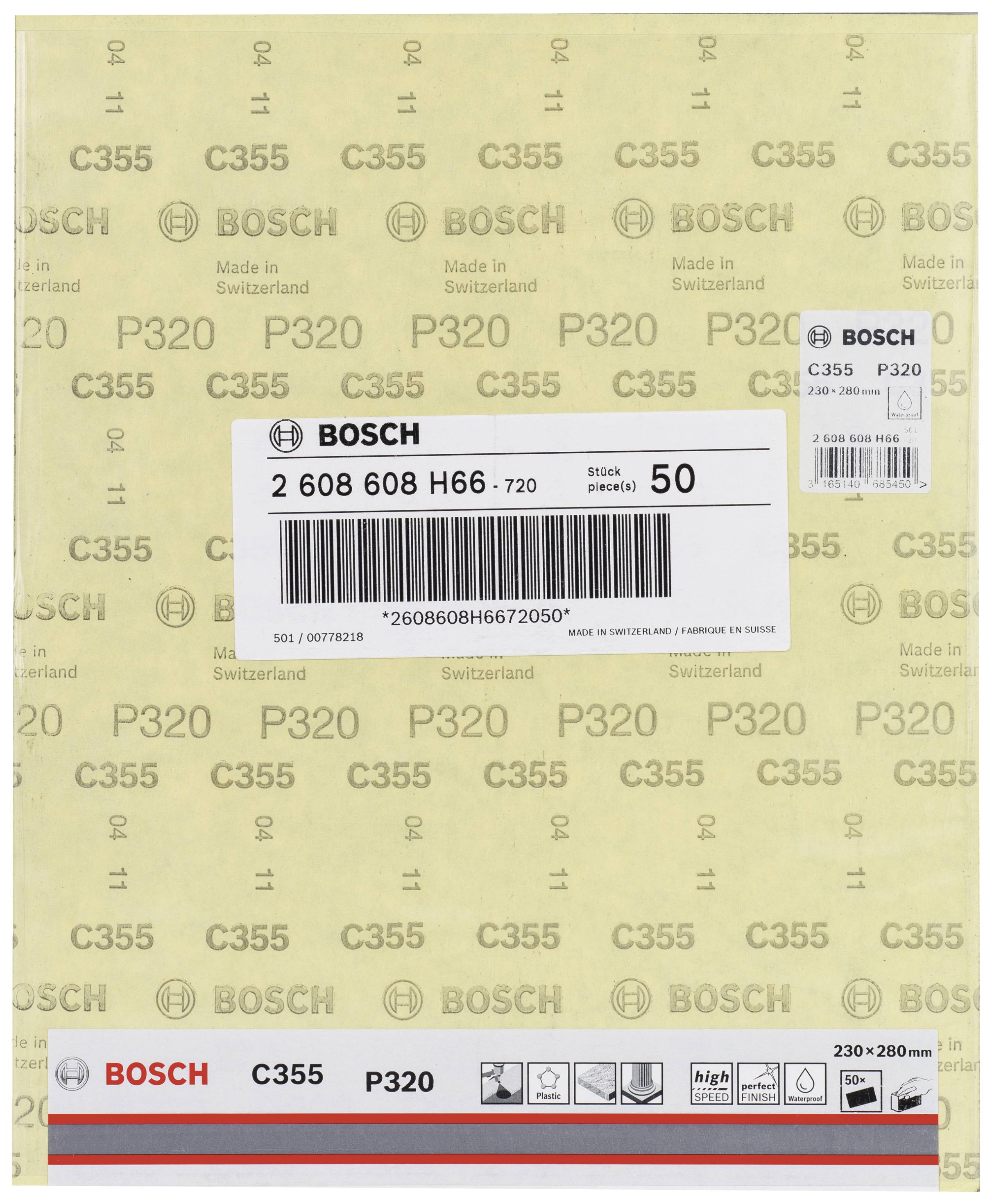 Brusný papír Bosch, typ C355, zrnitost P320, 50 kusů, rozměry 230x280 mm, vyrobeno ve Švýcarsku.