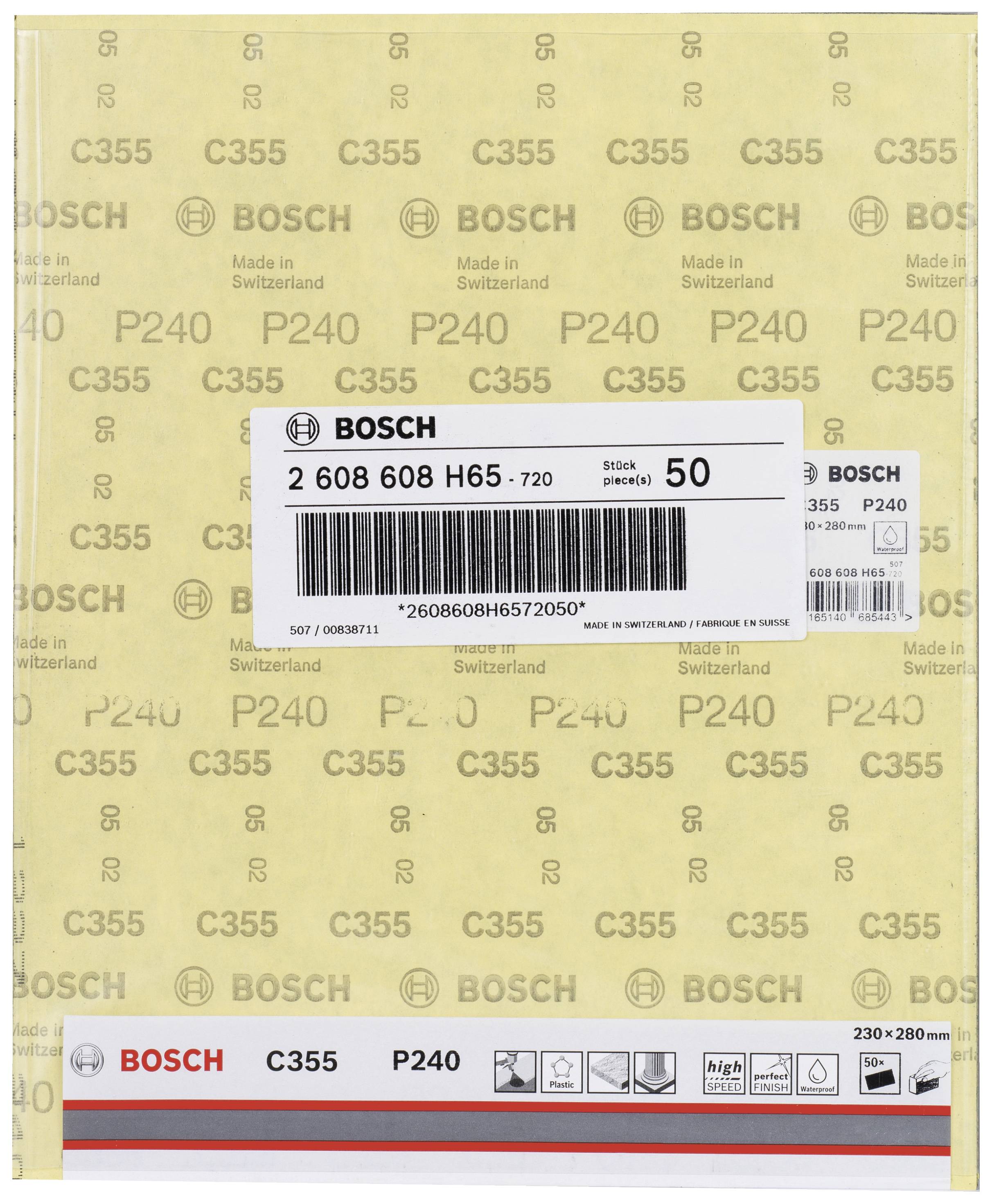 Brusný papír Bosch, model C355 P240, 230x280 mm, balení 50 kusů. Vyrobeno ve Švýcarsku.