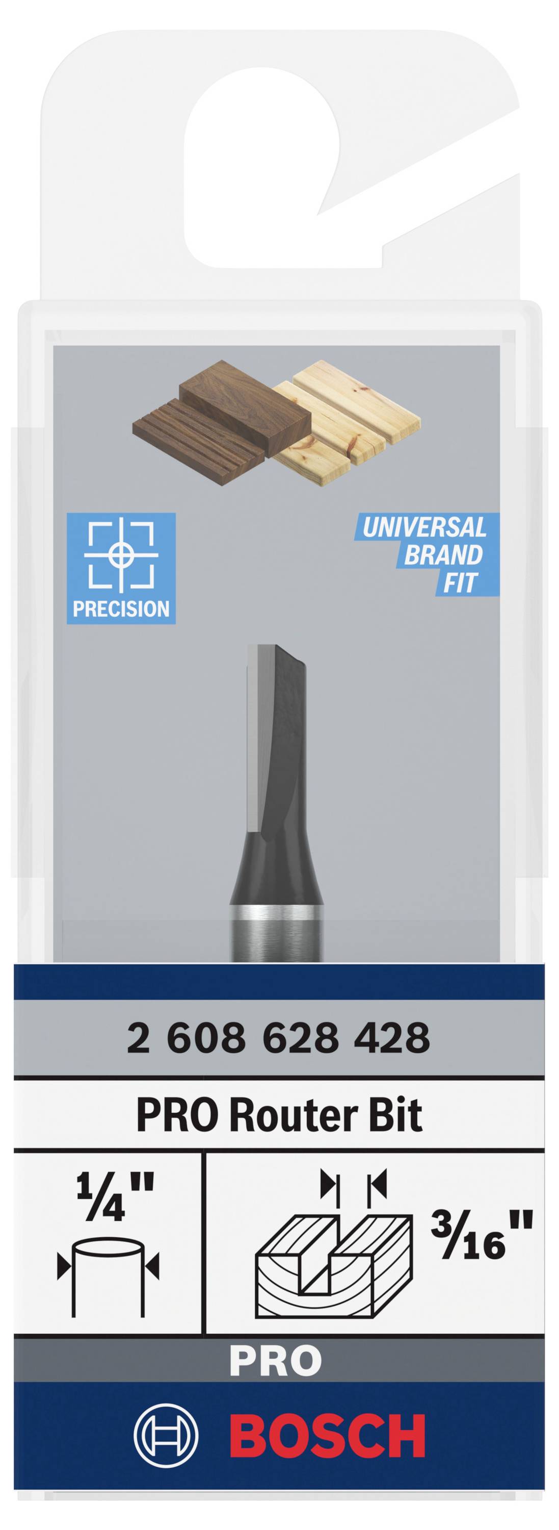 PRO fréza od Bosch, obal ukazuje specifikace: průměr stopky 1/4", hloubka frézování 3/16". Univerzální pasování pro přesnost. Obrázek dřeva nahoře.