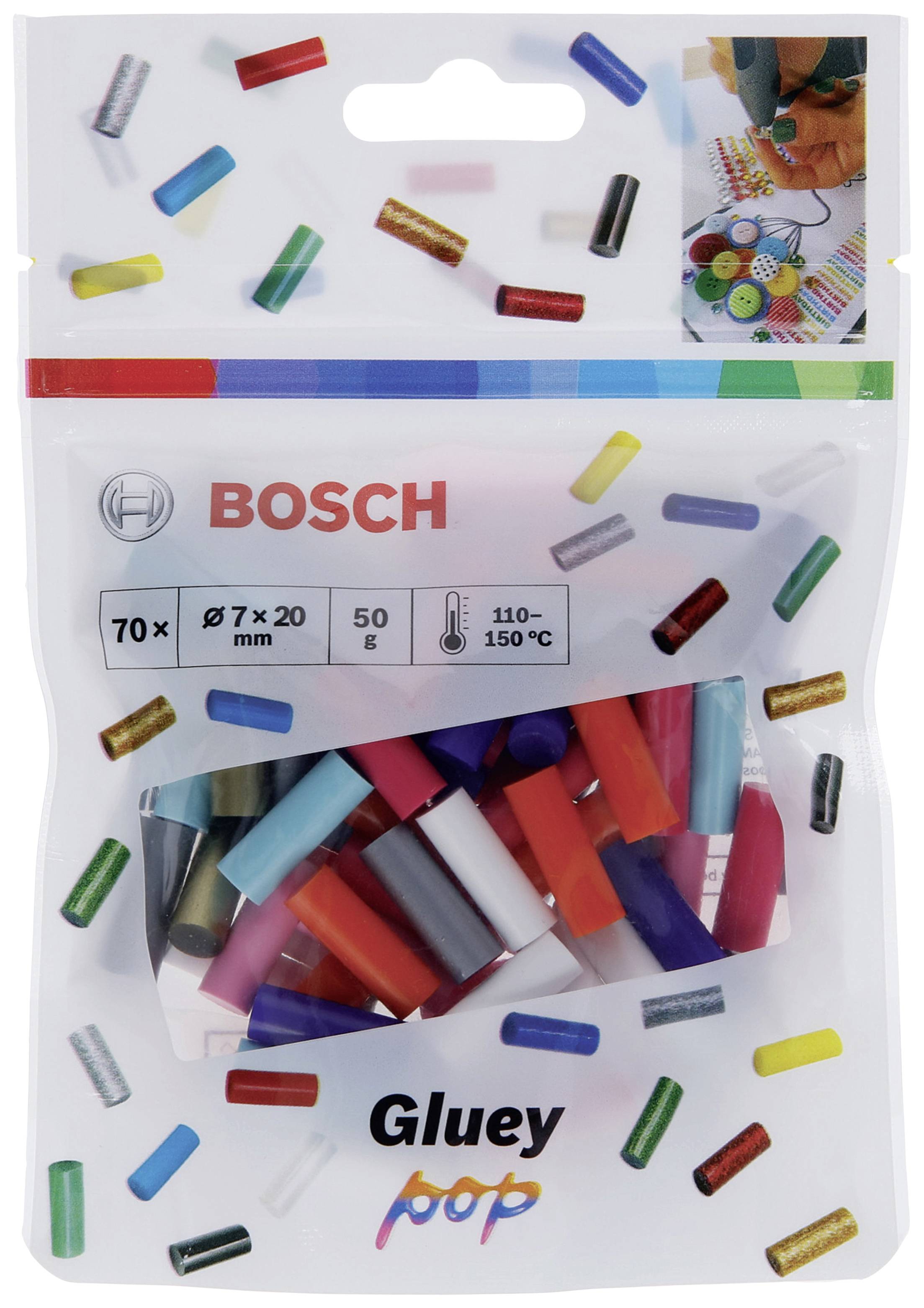 Balení s barevnými tavnými tyčinkami Bosch, 70 kusů, 7x20 mm, vhodné pro teploty 110-150°C. Nahoře vpravo obrázek scény s rukodělnou činností.