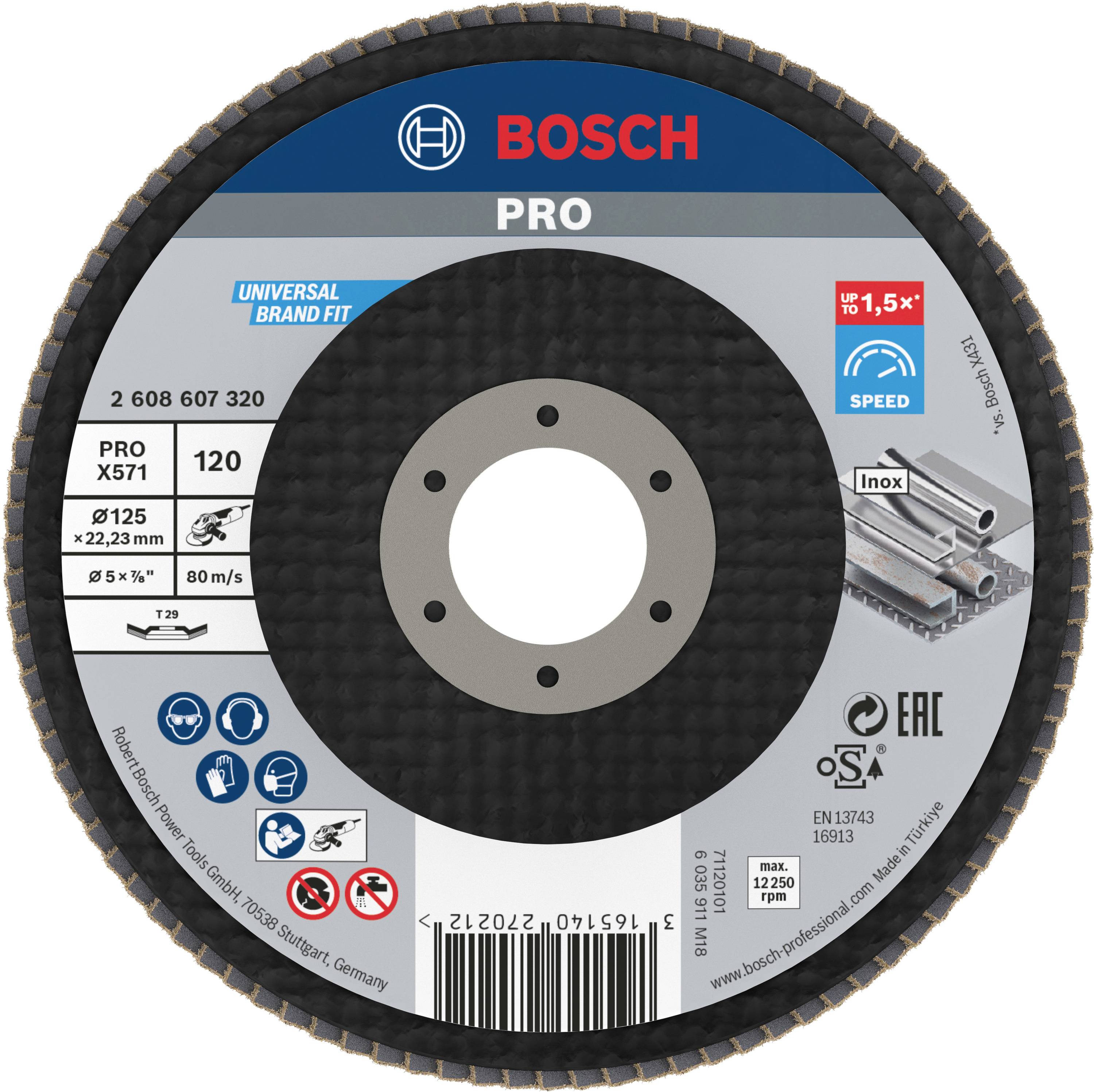 Brusný kotouč 'Bosch PRO' pro obrábění kovů. Průměr 125 mm, max. 12 200 ot./min. Vhodný pro nerez, univerzální použití.