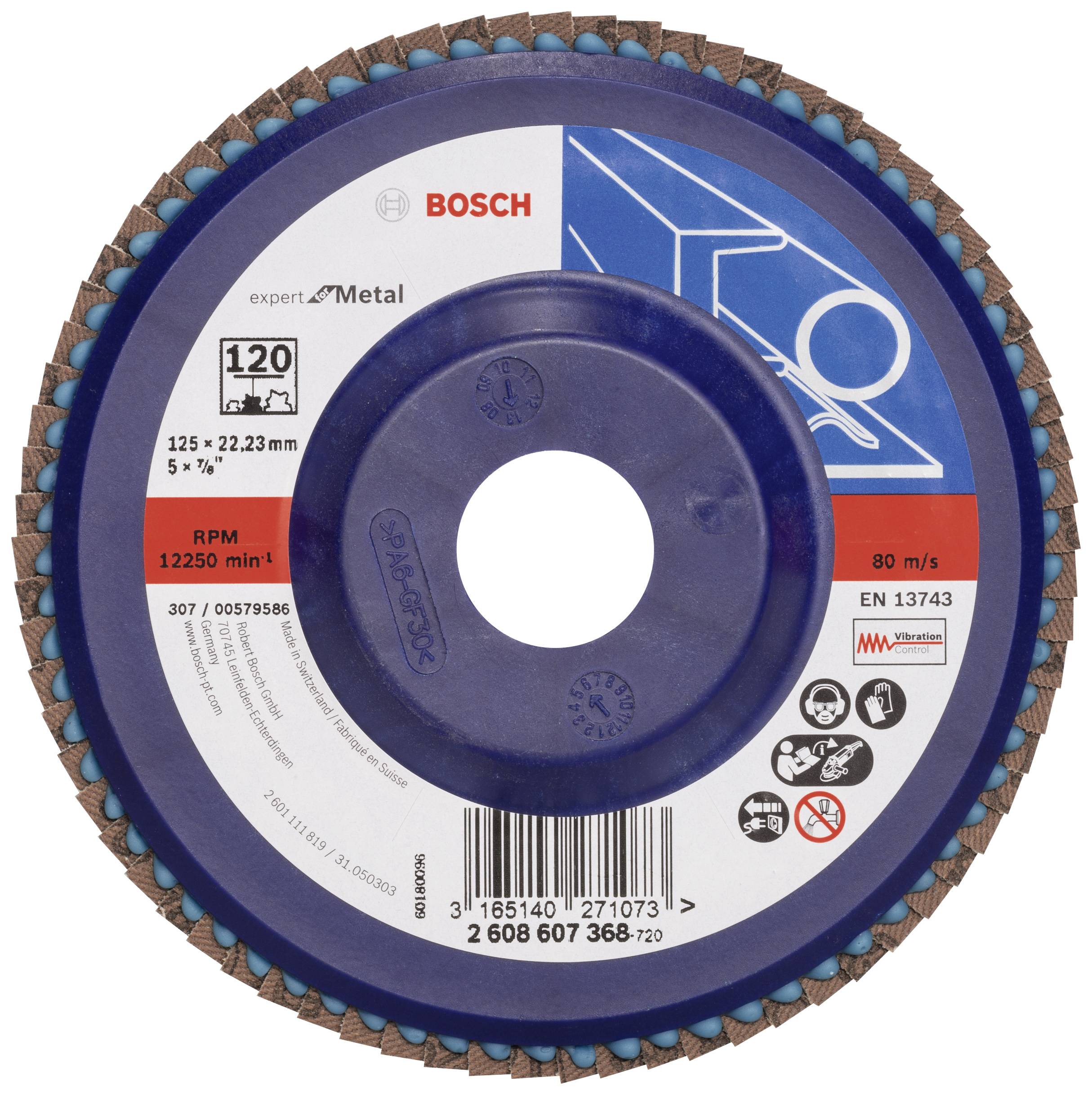 Brusný kotouč 'BOSCH' na kov, průměr 125 mm, 12 250 ot./min. Obsahuje bezpečnostní a aplikační piktogramy.
