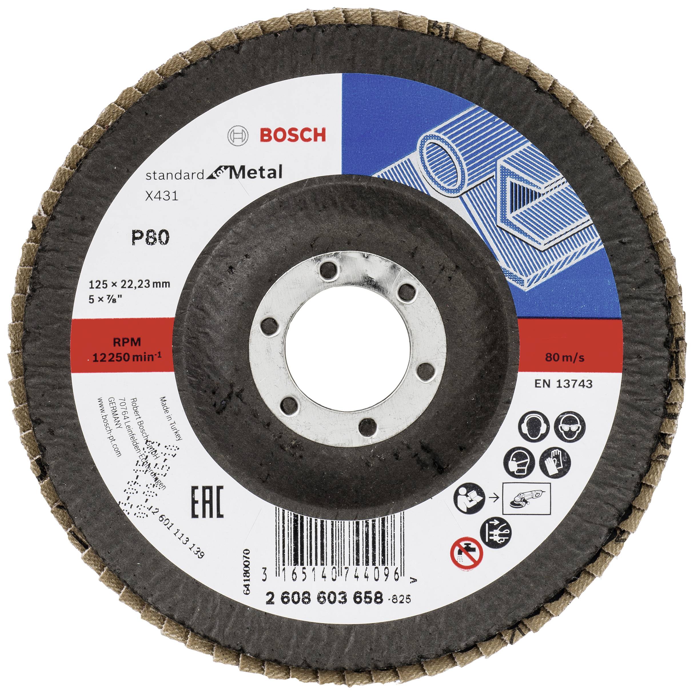 Brusný kotouč BOSCH na kov, model X431, zrnitost P80, průměr 125 mm, maximální otáčky 12250 ot./min, norma EN 13743.