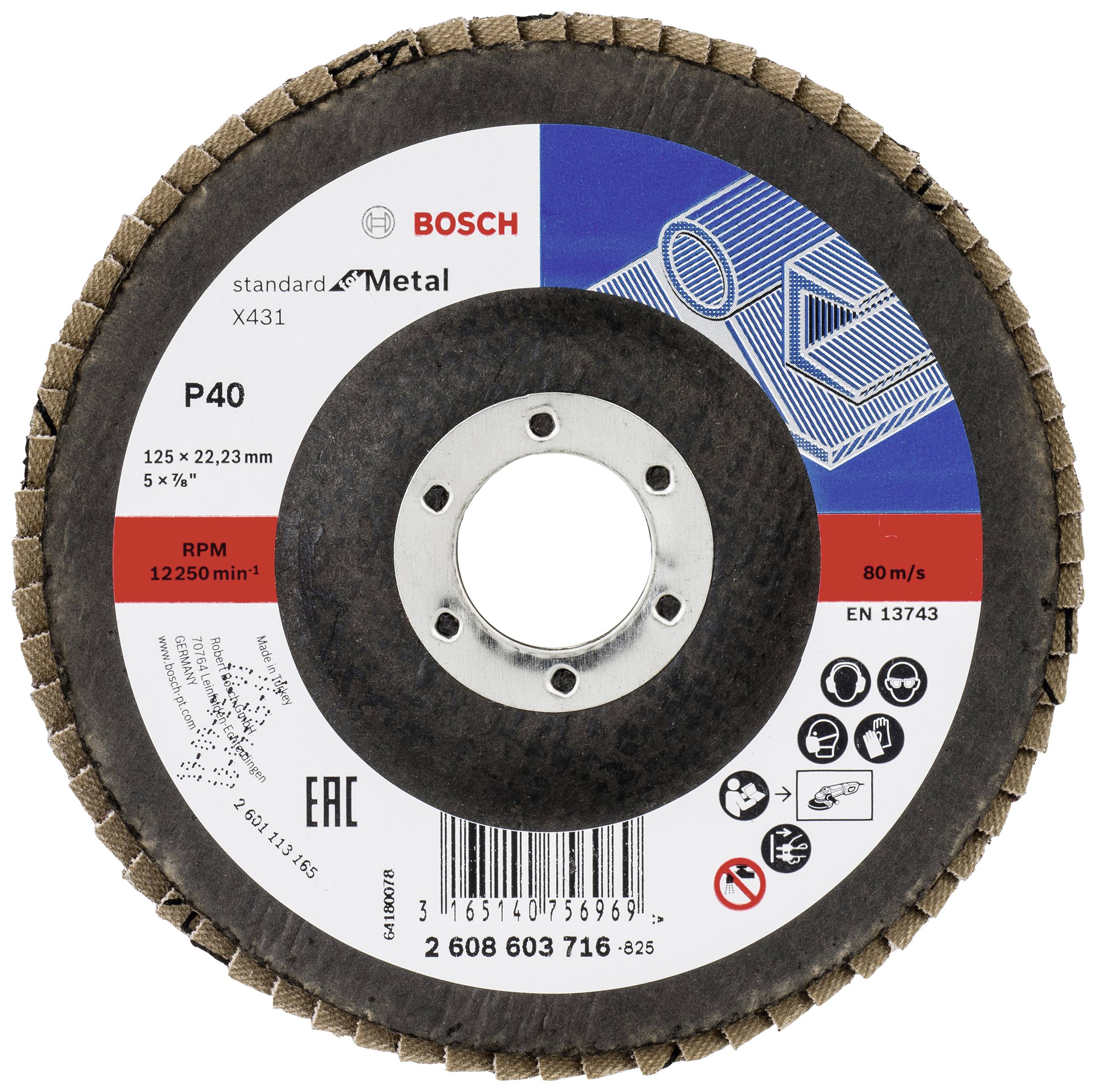 Brusný kotouč značky Bosch pro opracování kovu, model P40, průměr 125 mm, vrtání 22,23 mm, maximální rychlost 80 m/s.
