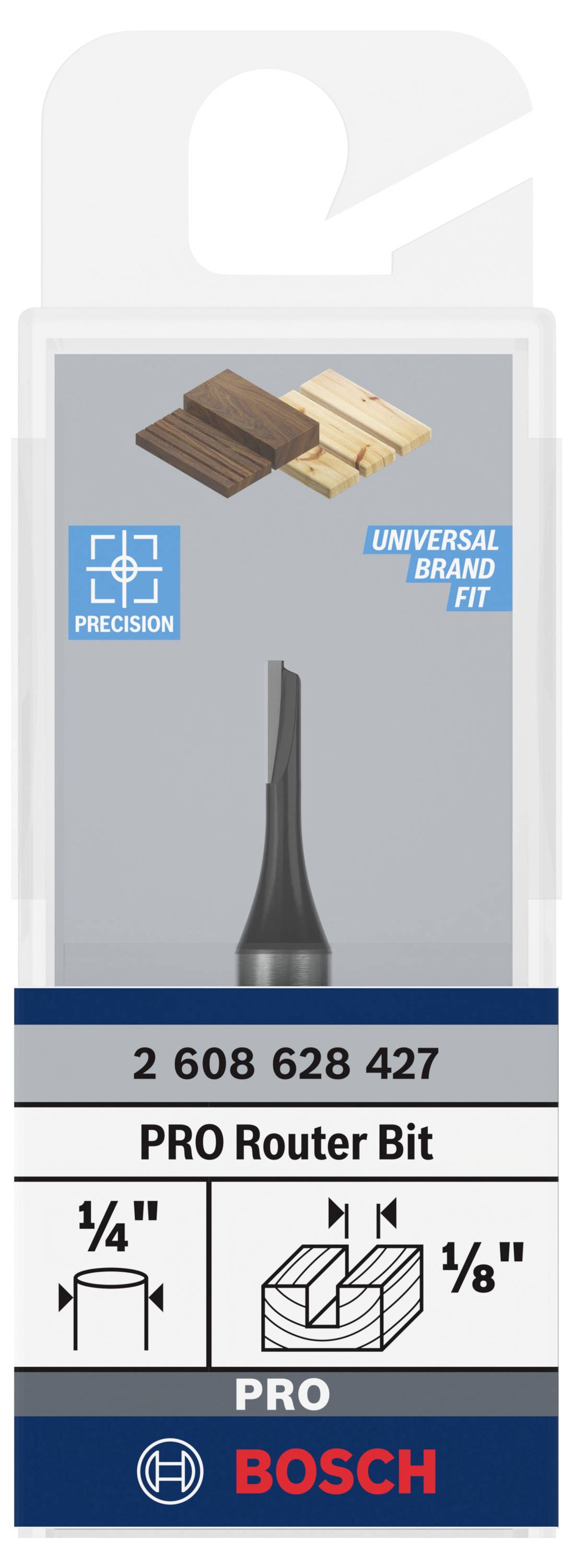 Bosch PRO frézka, průměr 1/4", přesnost, kompatibilní s různými značkami, pro zpracování dřeva. Balení s obrázkem produktu.