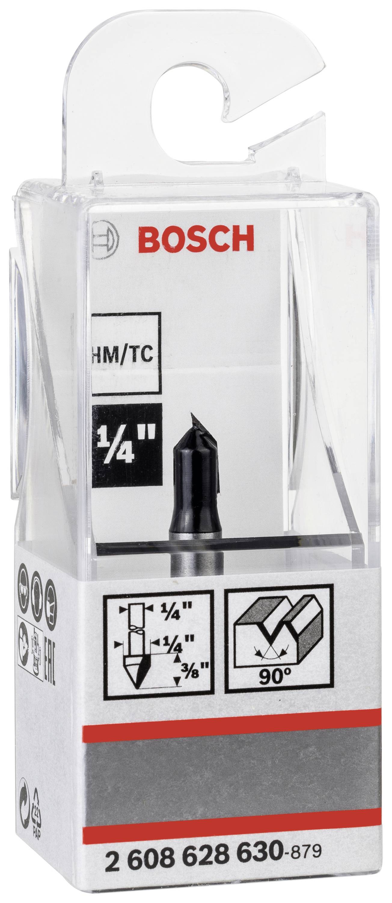 Balení s frézovací hlavou od Bosche. Potisk: 'HM/TC 1/4"'. Grafiky znázorňují frézovací pohyby a úhel řezu 90°.