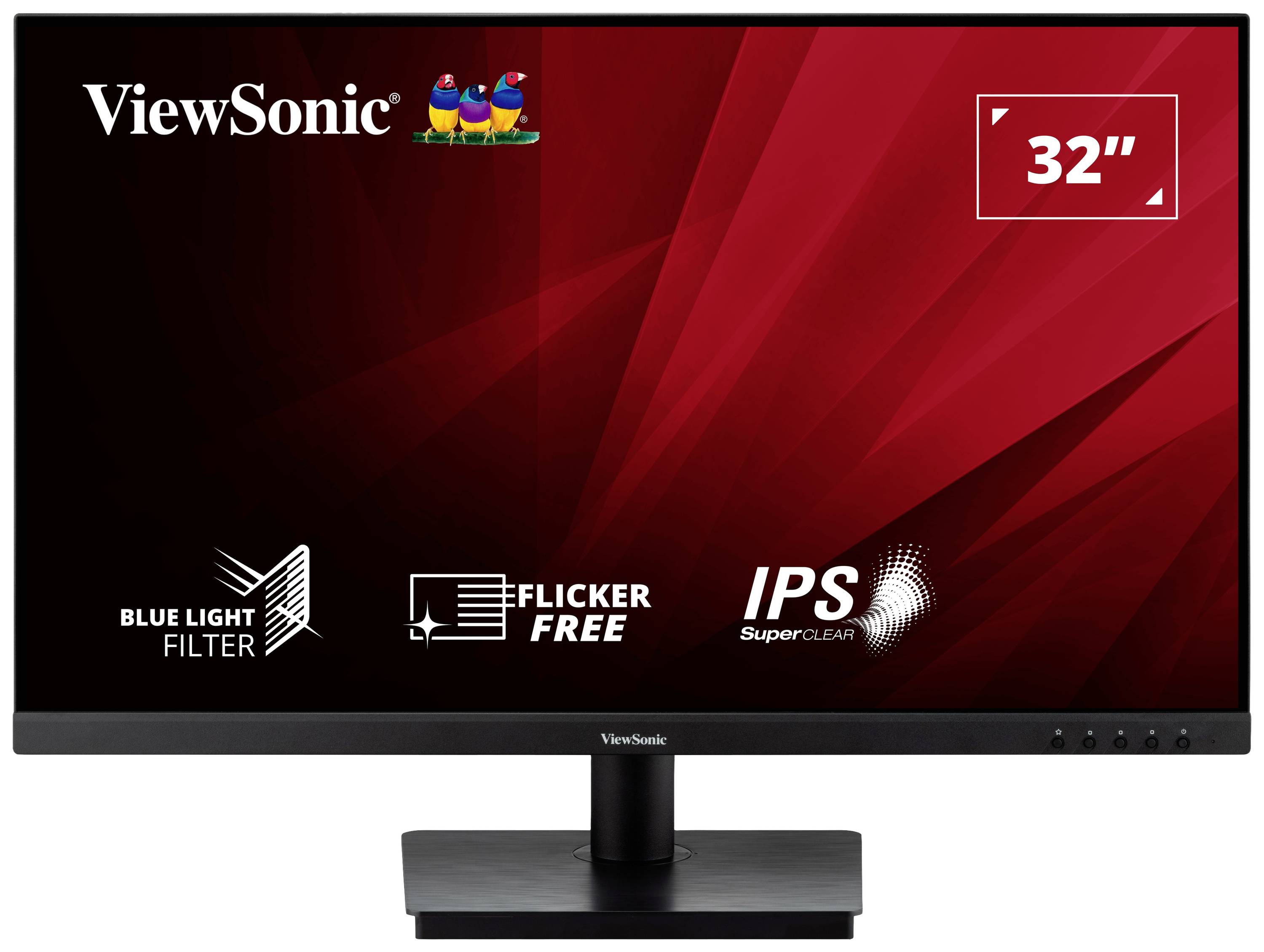 Černý monitor ViewSonic s 32palcovou obrazovkou. Funkce: filtr modrého světla, bez blikání, technologie IPS SuperClear.