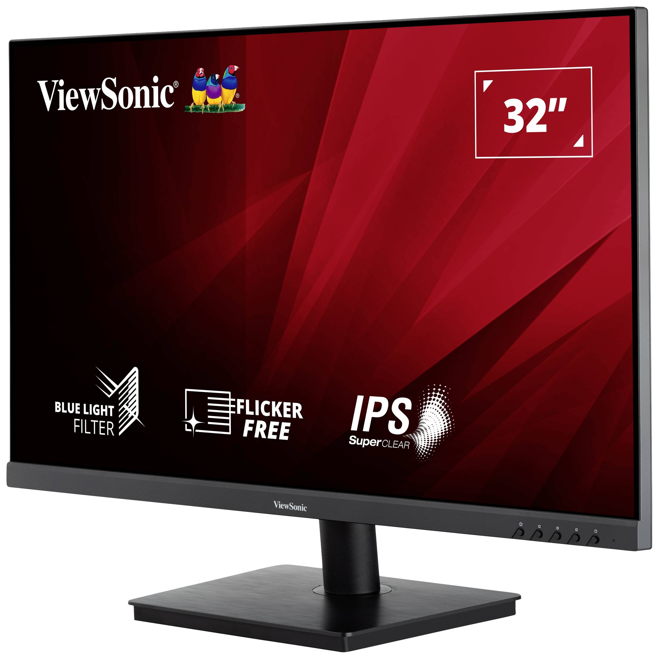 ViewSonic 32" monitor s modrým světelným filtrem, bez blikání a s technologií IPS SuperClear. Monitor je nastaven pro prezentaci.