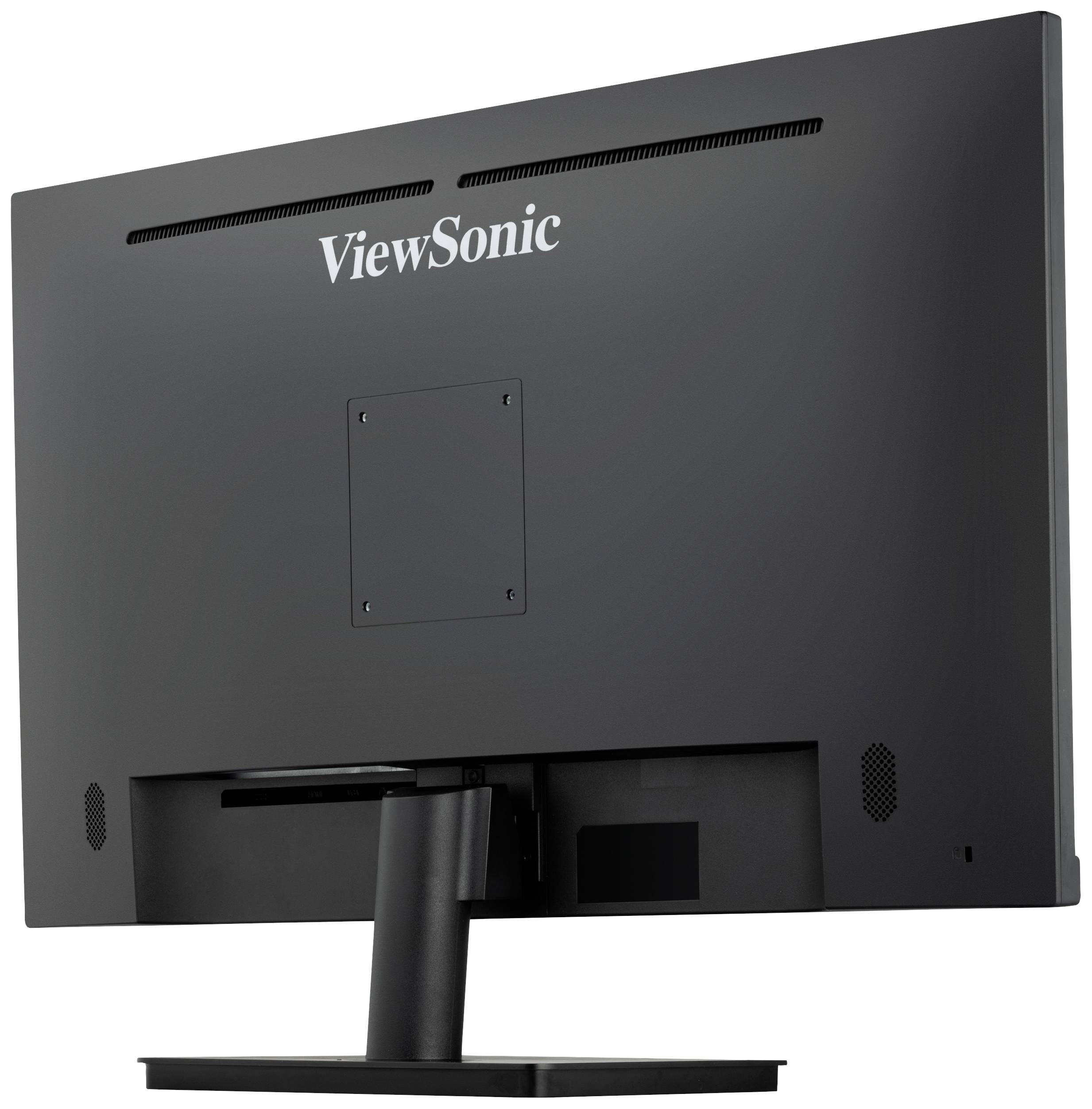 Pohled zezadu na černý monitor ViewSonic s úzkými větracími otvory nahoře a stabilní podstavou.