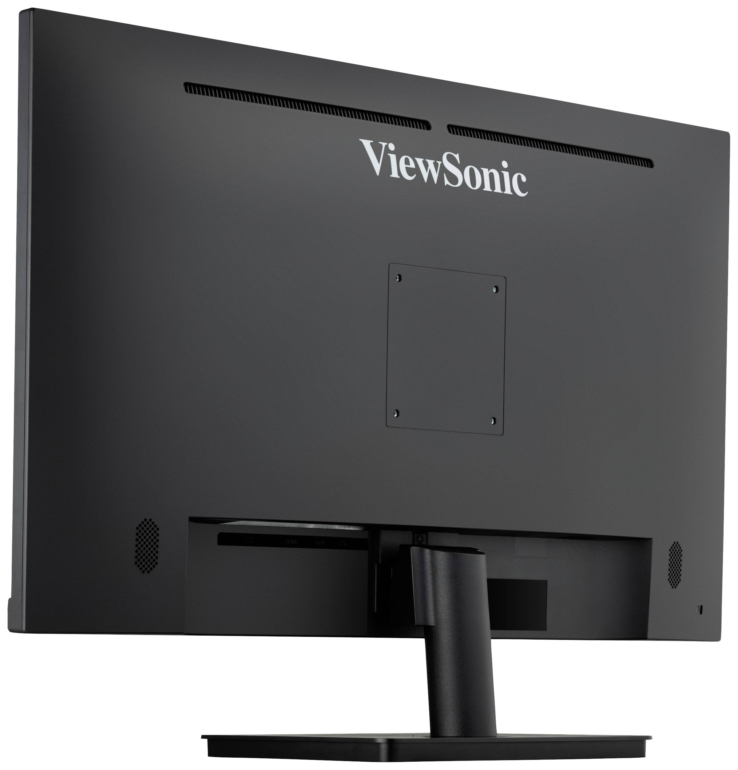 Černý počítačový monitor zezadu, značky 'ViewSonic', s obdélníkovým stojanem. Žádné viditelné konektory nebo kabely.