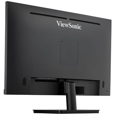 Černý počítačový monitor zezadu, značky 'ViewSonic', s obdélníkovým stojanem. Žádné viditelné konektory nebo kabely.