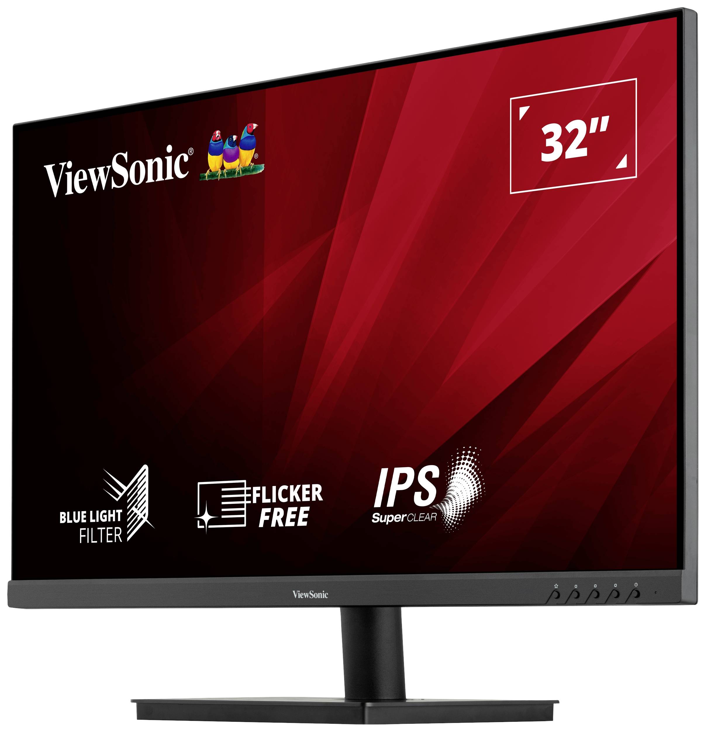 32palcový monitor ViewSonic s červeným pozadím a logy, který zvýrazňuje funkce jako filtr modrého světla a blikání bez blikání.