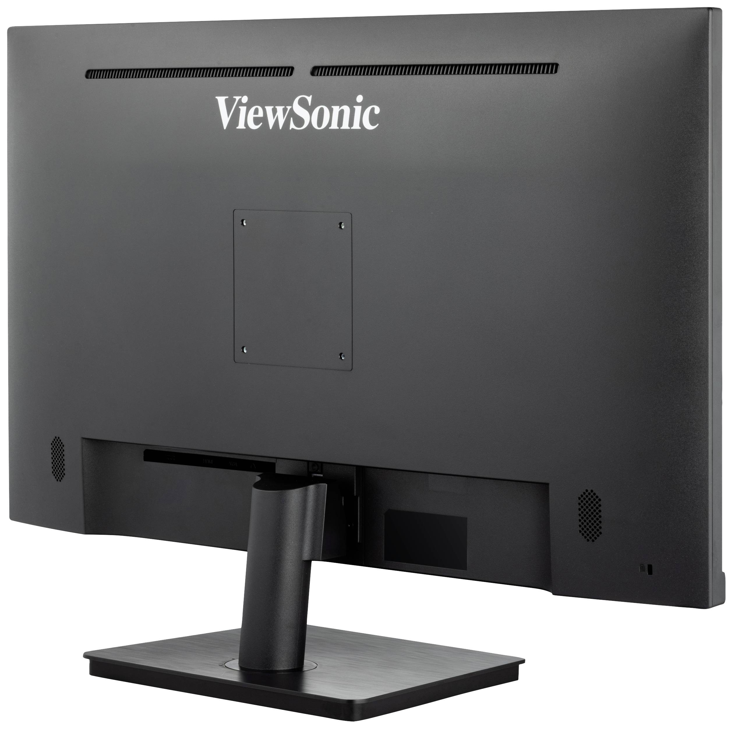 Černý počítačový monitor pohledem zezadu s nápisem 'ViewSonic' nahoře. Monitor je upevněn na obdélníkovém stojanu.
