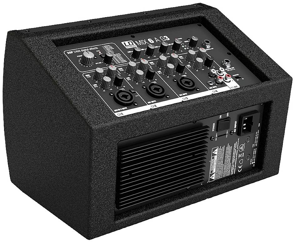 Černý audio mixážní zesilovač s ovládacími prvky a konektory, model 'LD MIX 6 A G3'. Vhodný pro nahrávací nebo hudební studia.