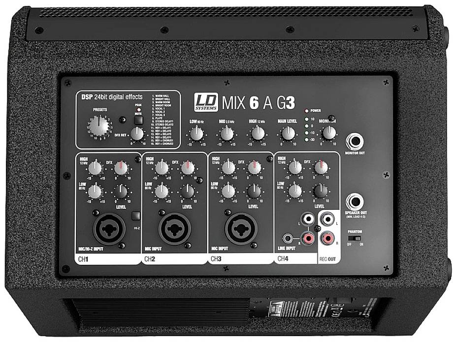 Mixážní pult "LD Systems MIX 6 A G3" s ovládacími prvky pro DSP, čtyřmi kanálovými vstupy a přípojkami.