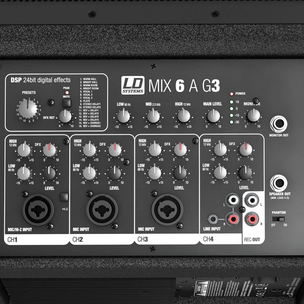 Mixážní pult 'MIX 6 A G3' s ovládacími prvky pro čtyři kanály, digitálními efekty, indikátory úrovně a vstupy pro mikrofon a linkový vstup.