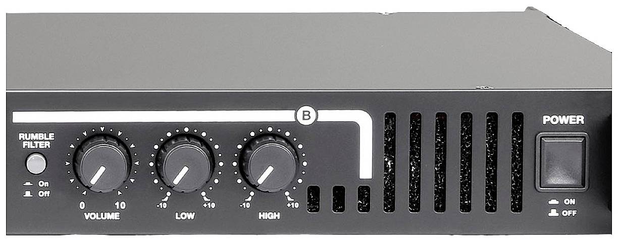 Přední strana audiozařízení s otočnými ovladači pro hlasitost, nízké a vysoké tóny, jakož i přepínači pro potlačení rušivých vibrací a zapnutí/vypnutí přístroje.