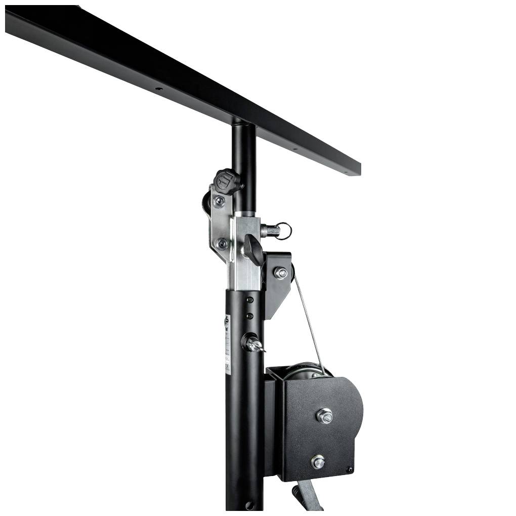 Mechanismus kovových stolních nohou s nastavitelnou výškou, vybavený klikou pro přizpůsobení výšky. Ideální pro ergonomická pracoviště.