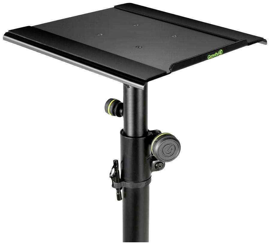 Černá kovová plošina na výškově nastavitelném stojanu. Vhodná pro laptopy, projektory nebo jiná zařízení.