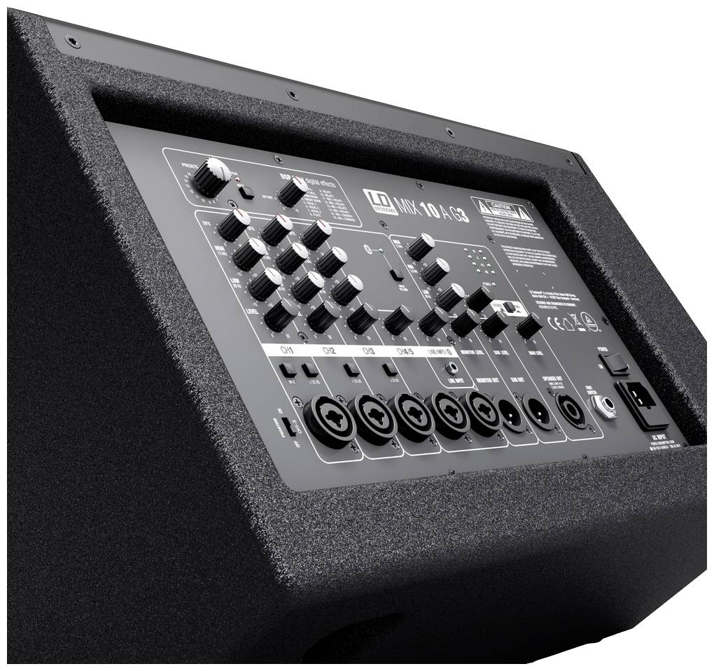 Černý audio mixážní zesilovač LD Systems s několika ovladači a připojeními na přední straně pro ovládání zvuku a hlasitosti.